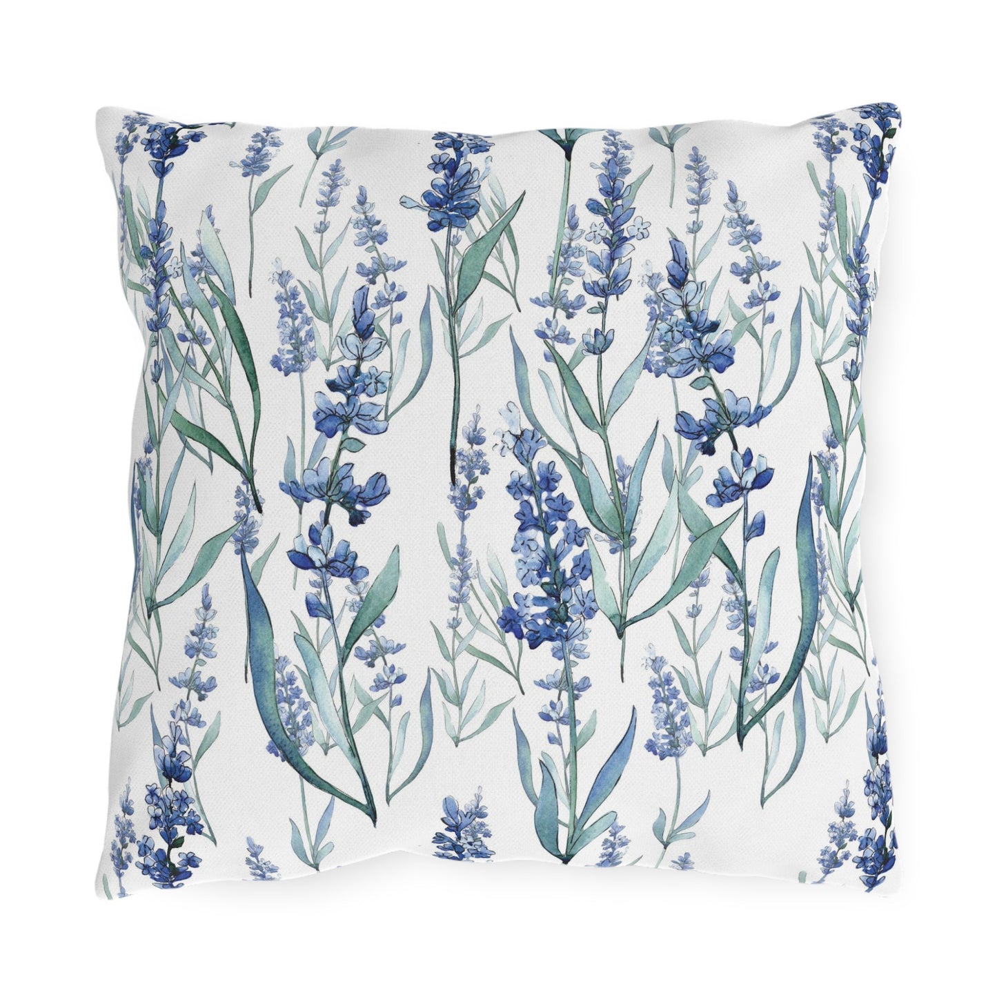 Square outdoor pillow with watercolor blue lavender floral design