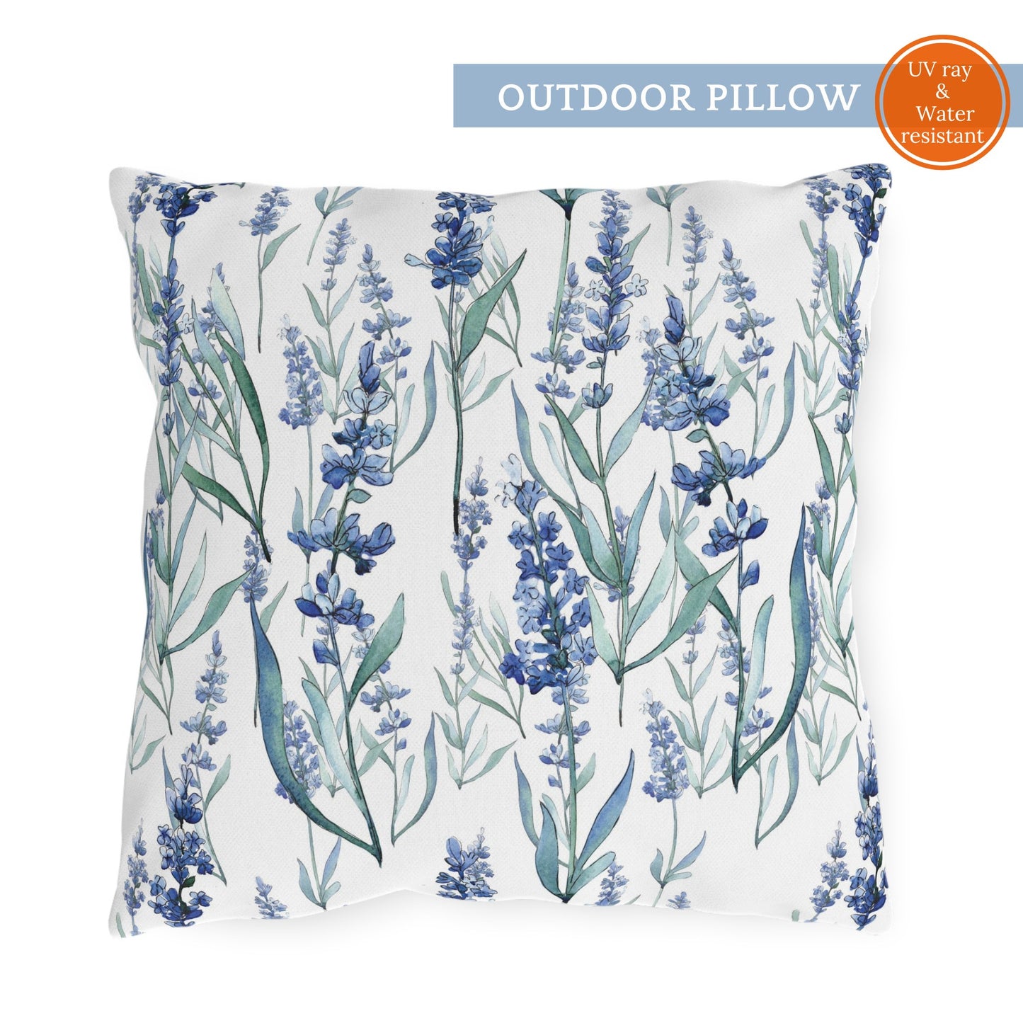 Watercolor blue lavender floral outdoor pillow with UV ray and water-resistant label