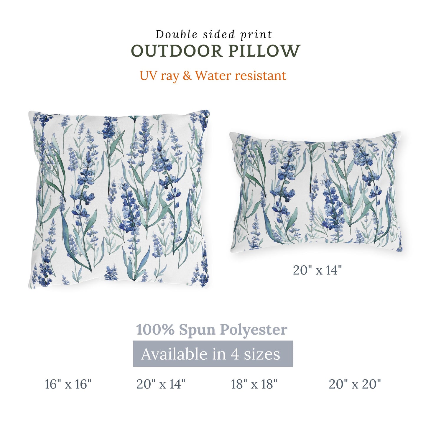 Watercolor lavender outdoor pillow in four sizes, double-sided print, UV and water-resistant