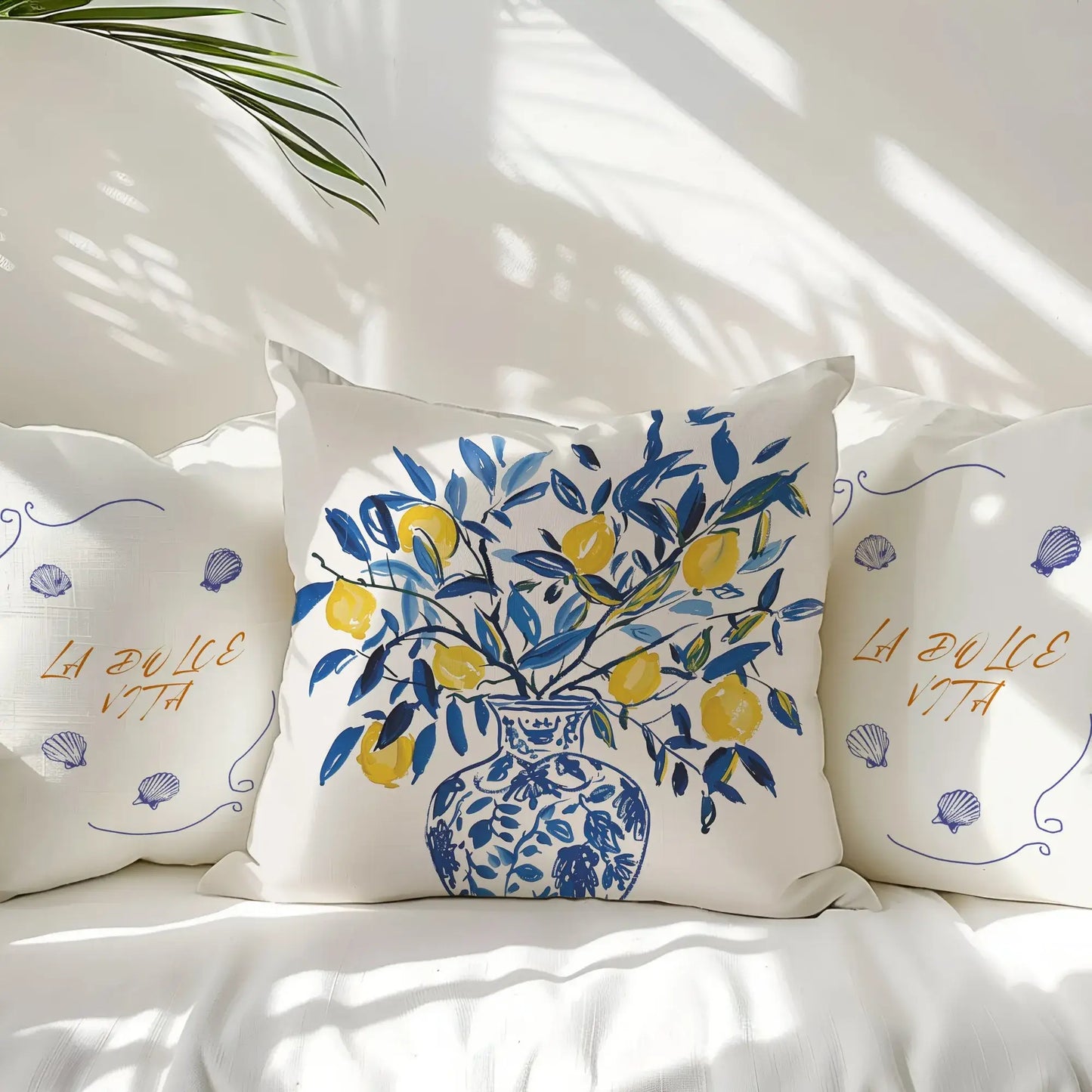 Lemon Pillow featuring blue vase design with lemons, perfect for summer decor and Mediterranean style interiors.