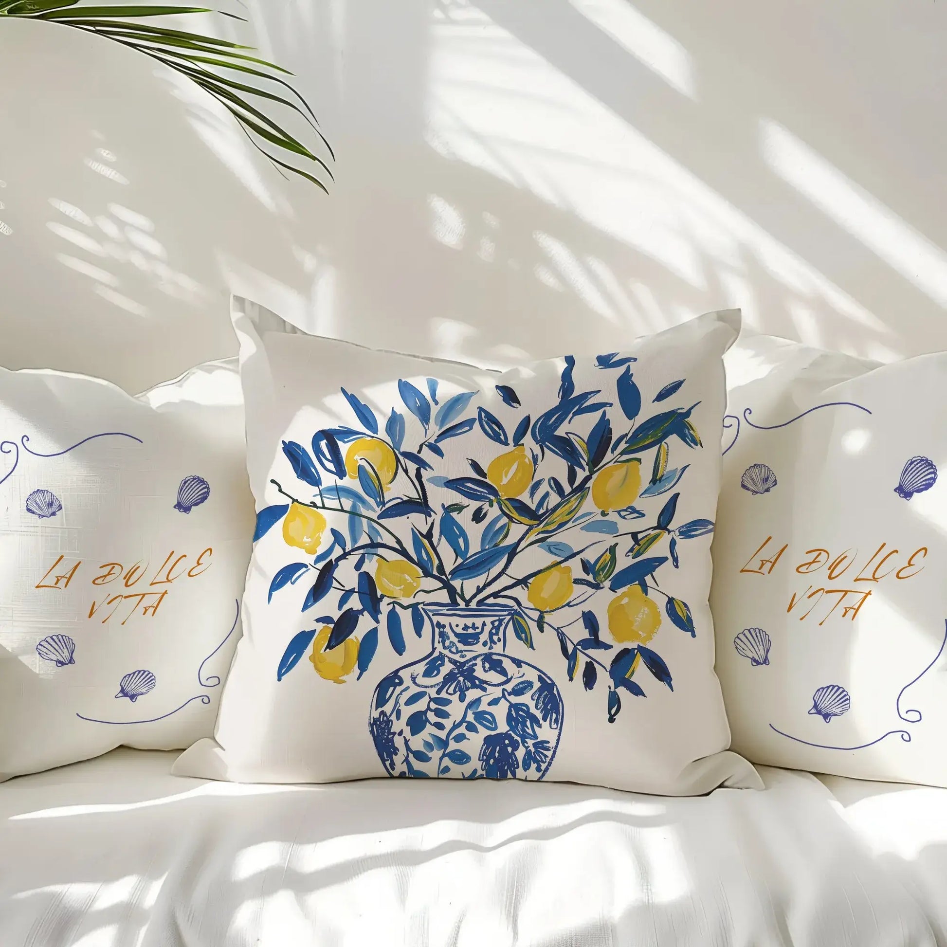 Lemon Pillow featuring blue vase design with lemons, perfect for summer decor and Mediterranean style interiors.