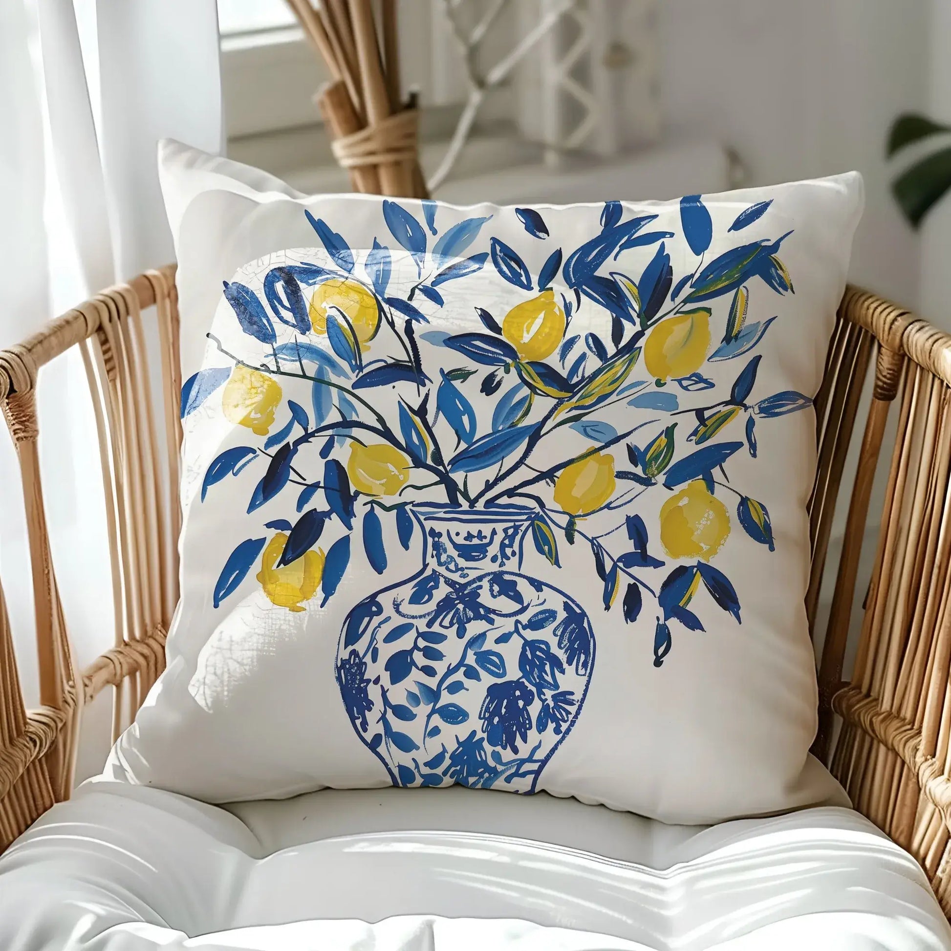 Lemon Pillow featuring a blue vase design with yellow lemons, perfect for summer home decor.