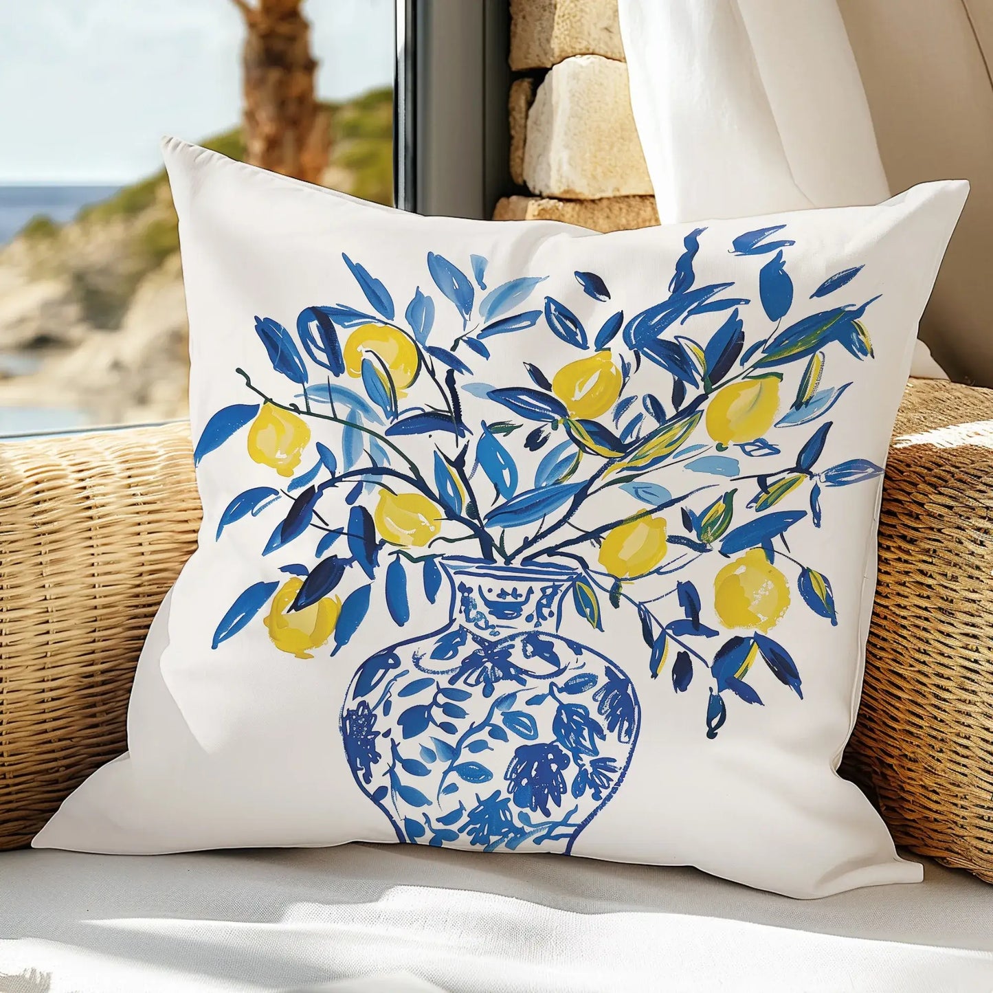 Lemon Pillow featuring yellow lemons in a blue vase, perfect for summer decor and adding Mediterranean warmth.