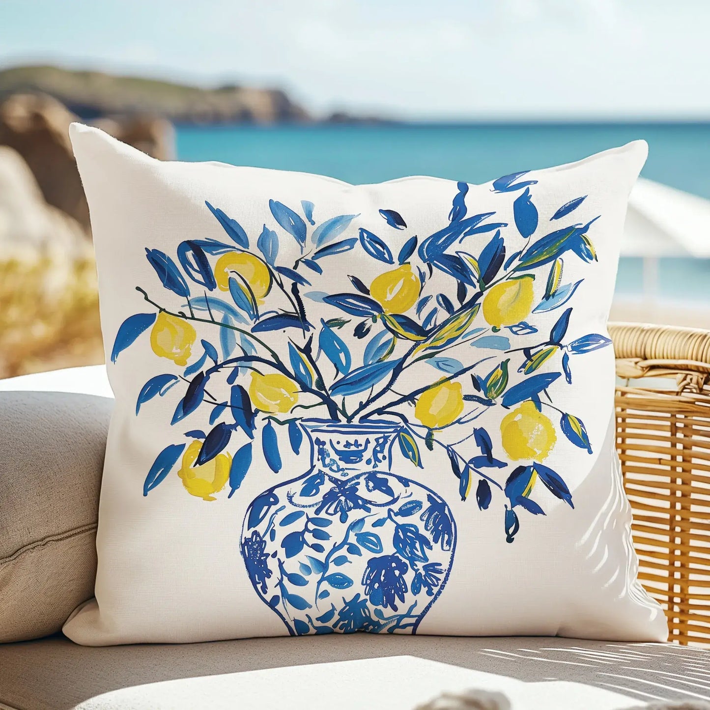 Lemon Pillow featuring a blue vase with yellow lemons, perfect for summer decor by the seaside.