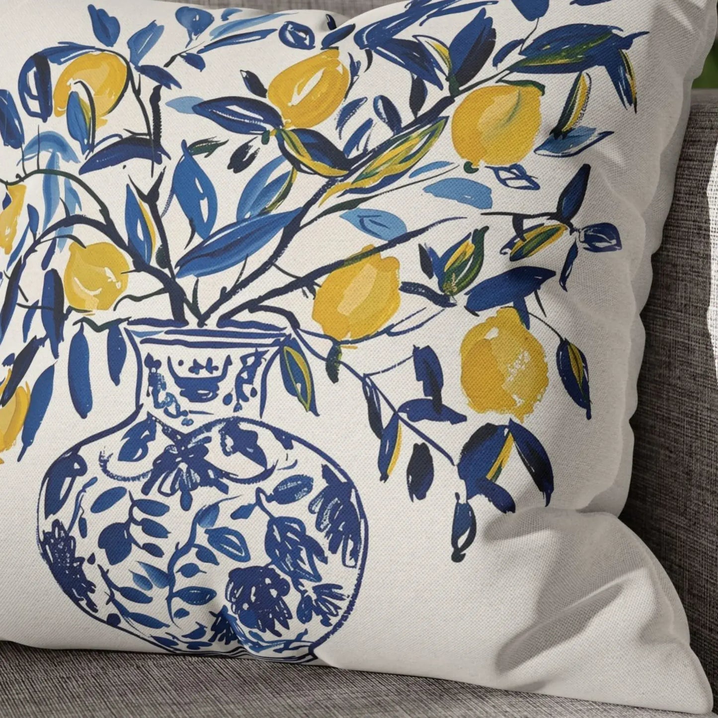 Lemon Pillow – Blue Vase Cushion featuring yellow lemons and blue leaves in decorative design.