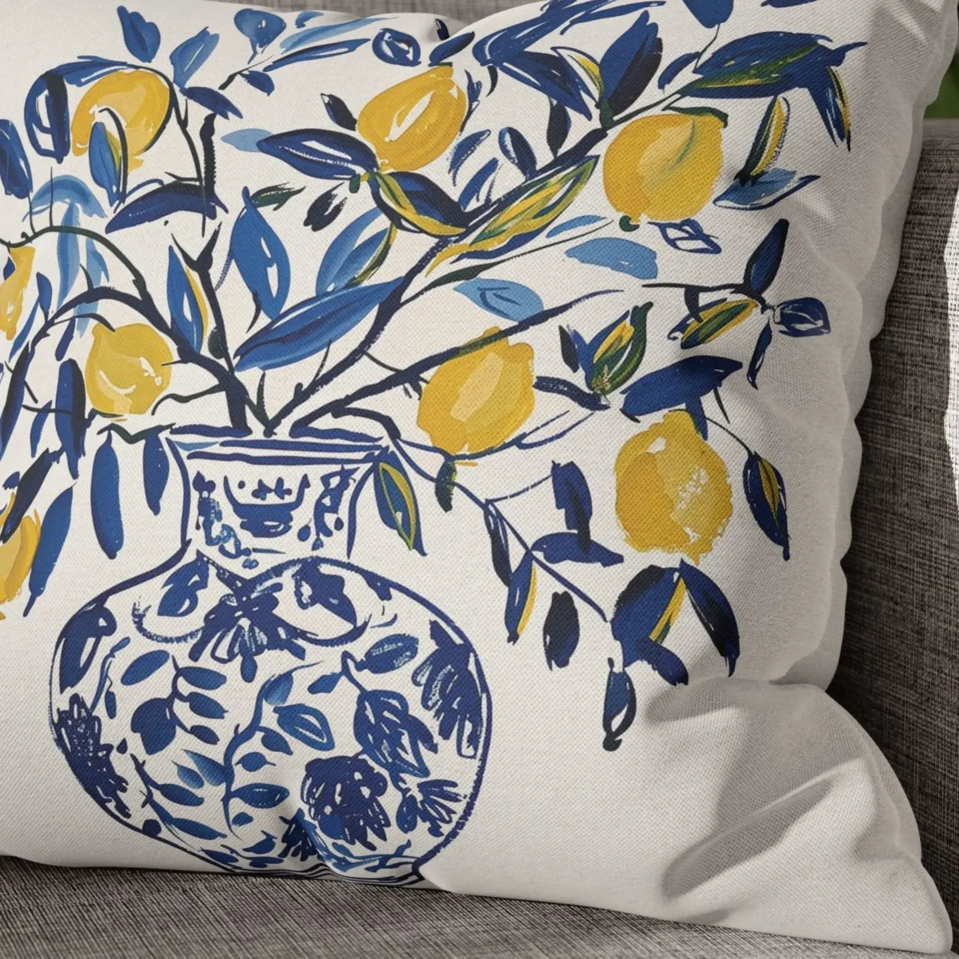 Lemon Pillow – Blue Vase Cushion featuring yellow lemons and blue leaves in decorative design.
