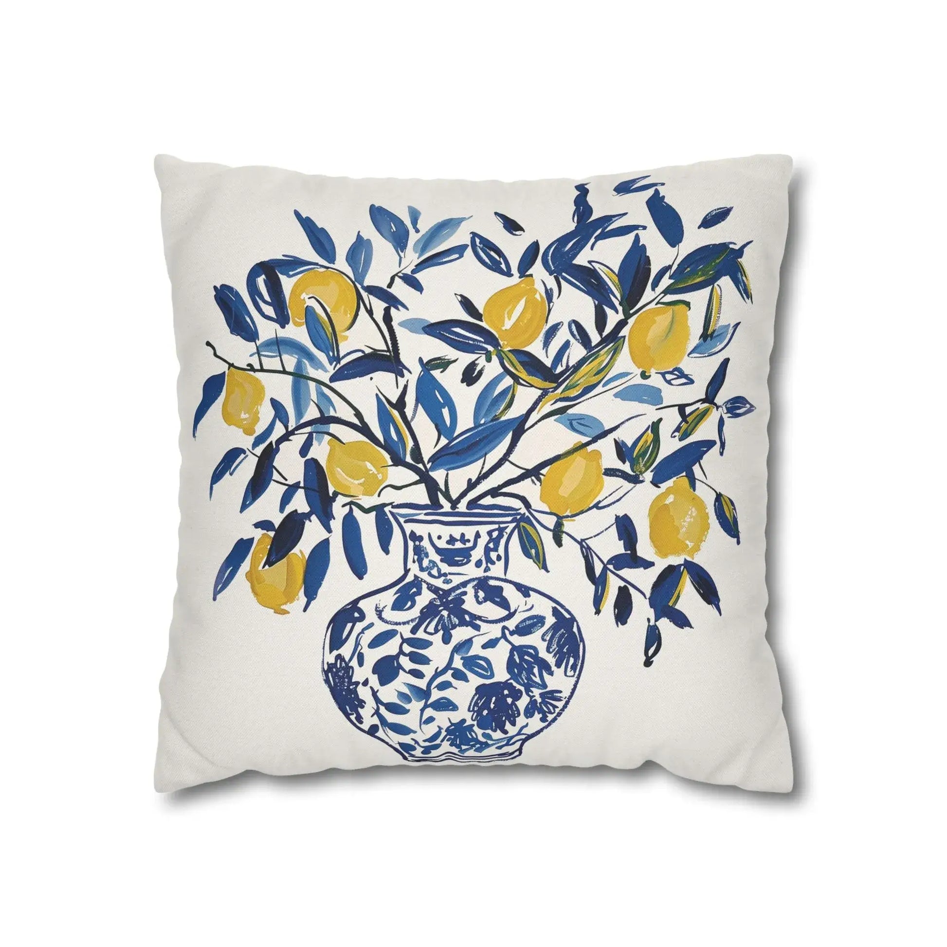 Lemon pillow featuring bright yellow lemons in a blue vase, perfect for summer decor.