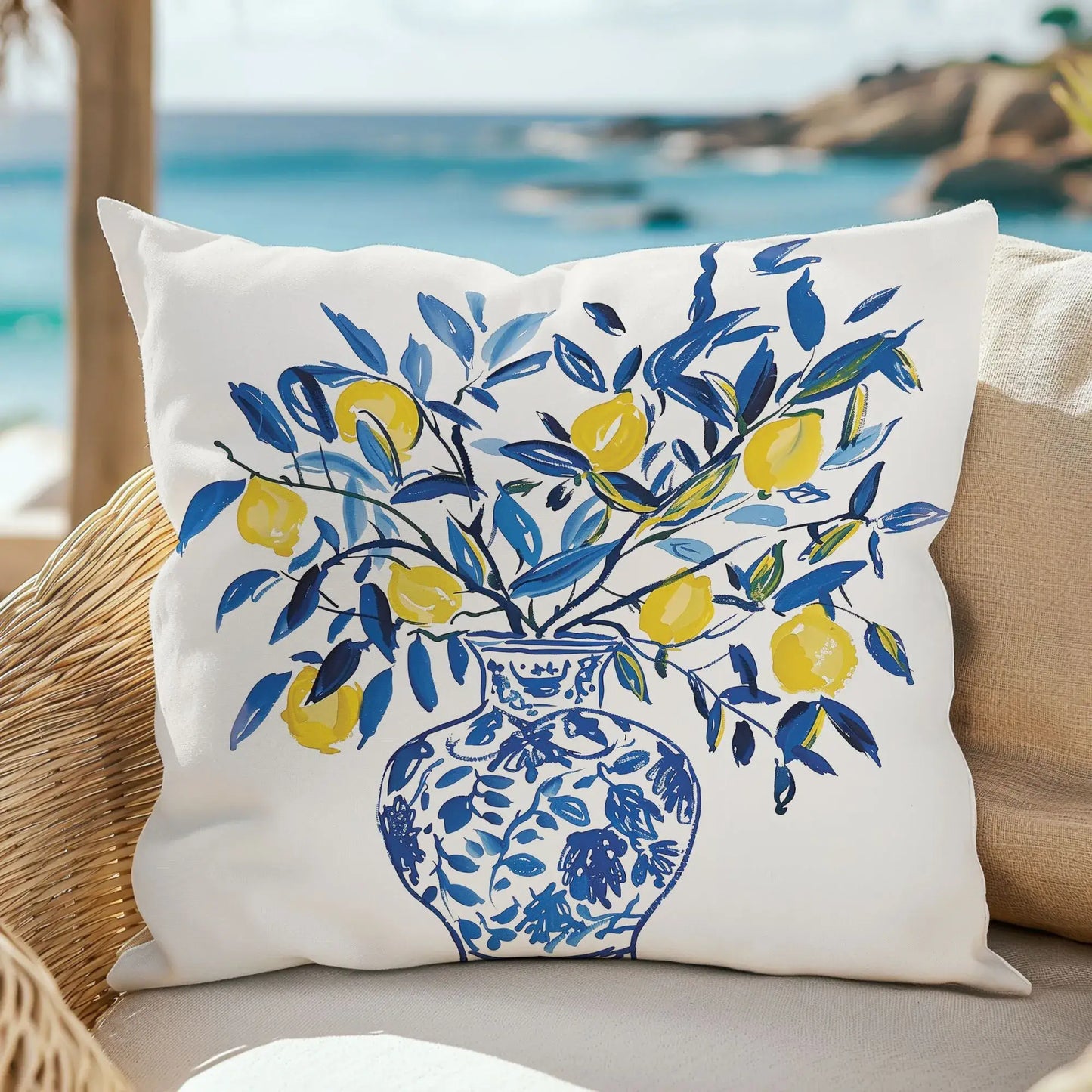 Lemon and blue vase outdoor pillow placed on a wicker chair with seaside view in background