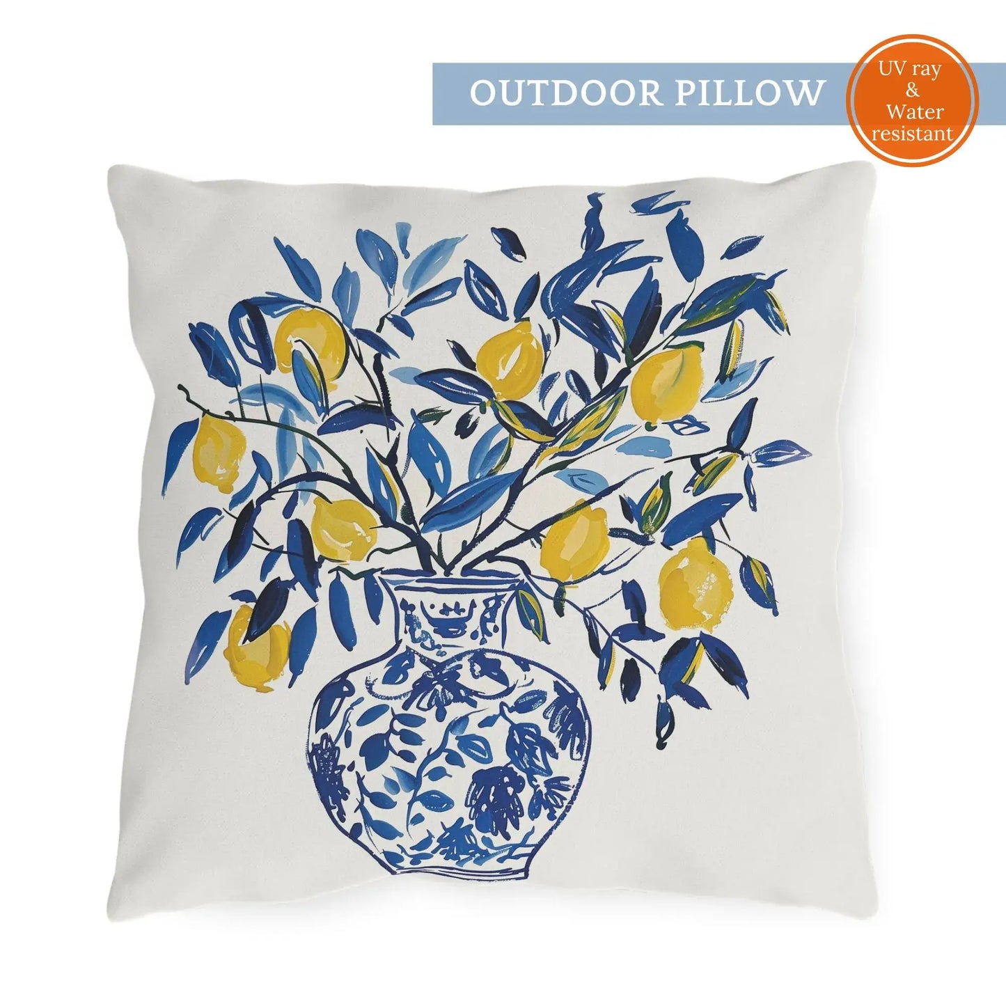 Botanical outdoor pillow with lemon branch in blue vase, UV and water resistant for summer patio or garden decor