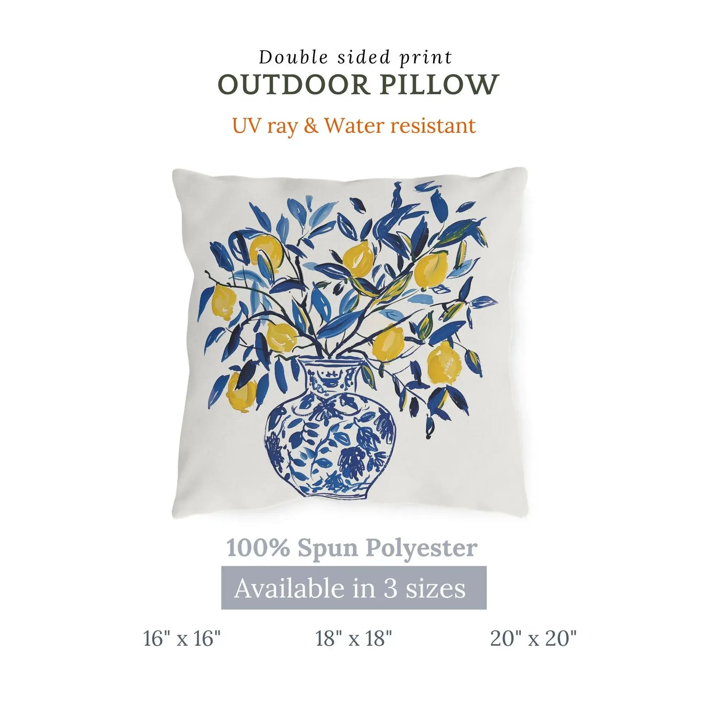 Double sided lemon print outdoor pillow in blue vase design with size and fabric info displayed