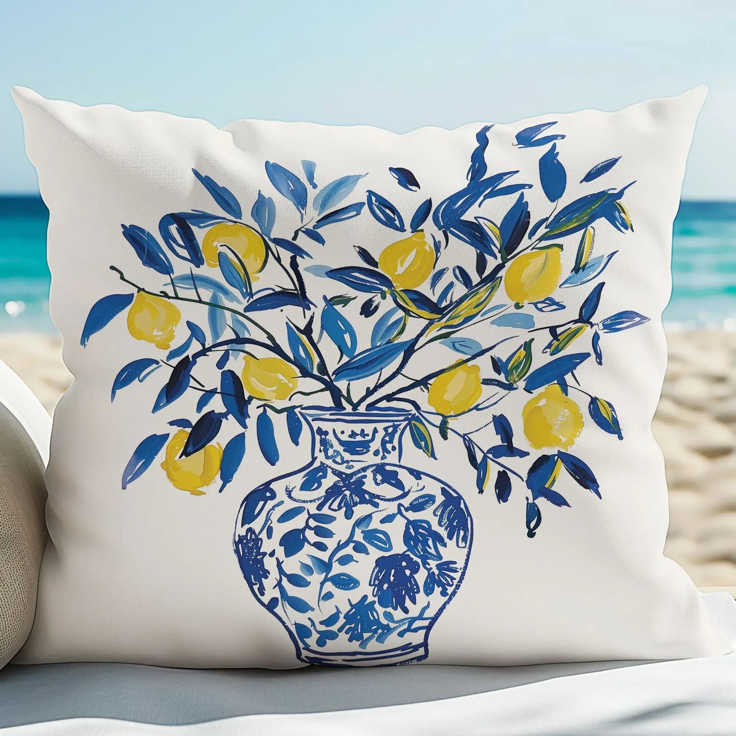Outdoor pillow with lemon and blue vase design styled on a beach chair with ocean view in background
