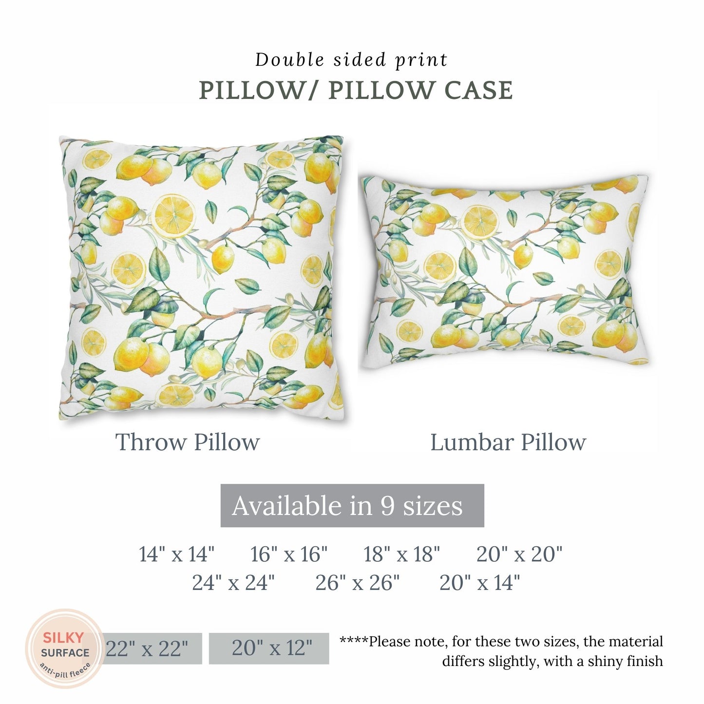 Hand-painted lemon pillow covers – double-sided print in throw and lumbar styles, multiple sizes.