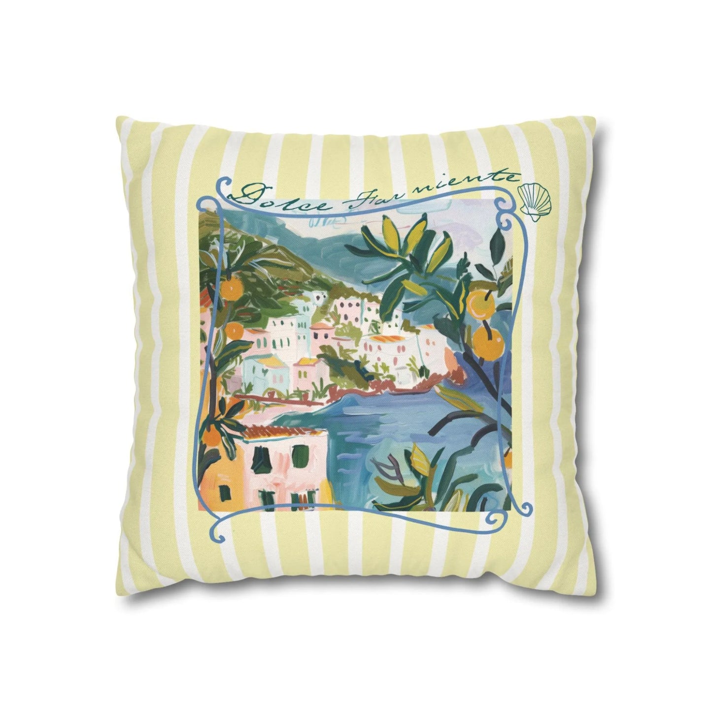 ellow striped pillow with Amalfi Coast and lemon illustration labeled “Dolce Far Niente”.