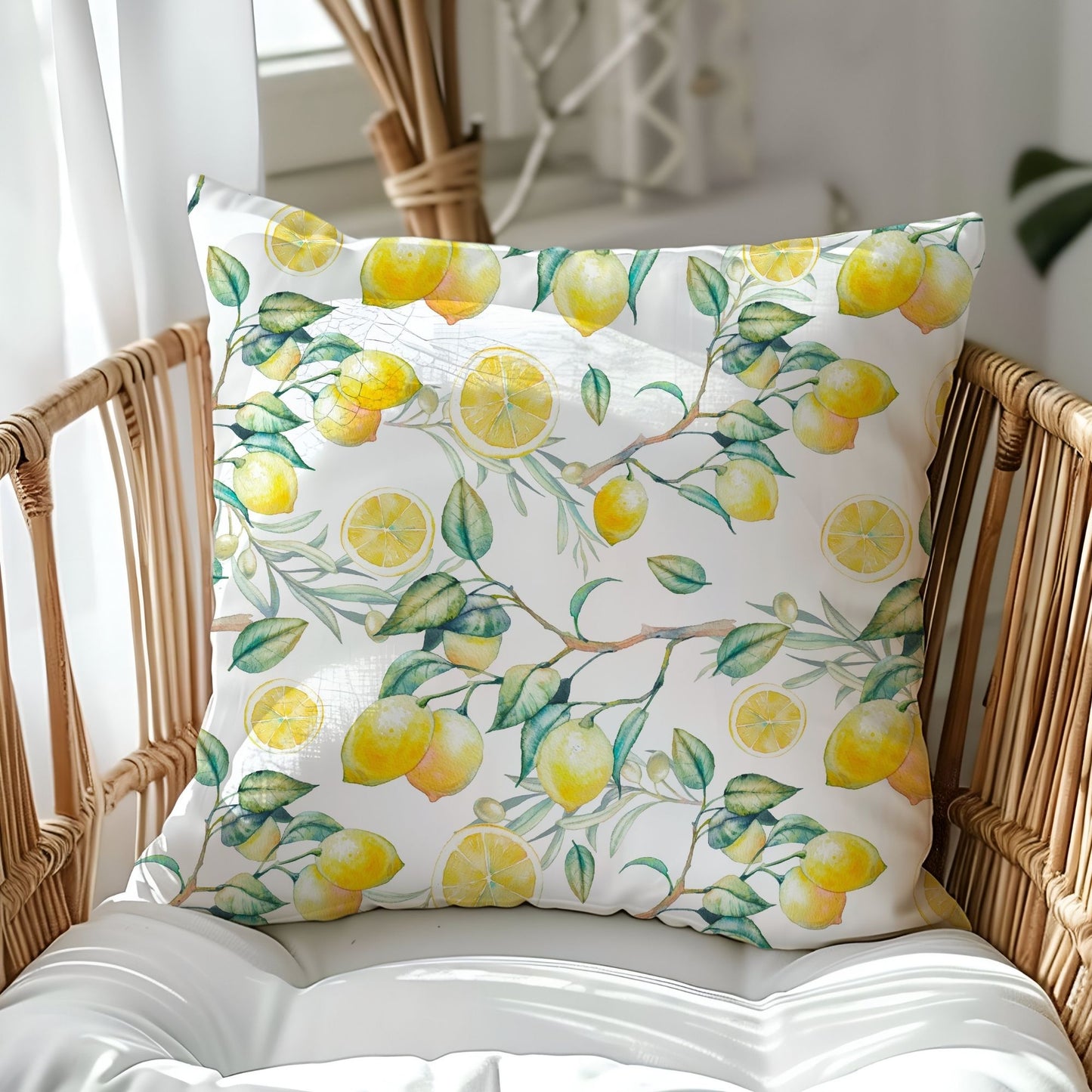 White pillow cover with yellow lemons and green leaves – summer decor, bright citrus design.