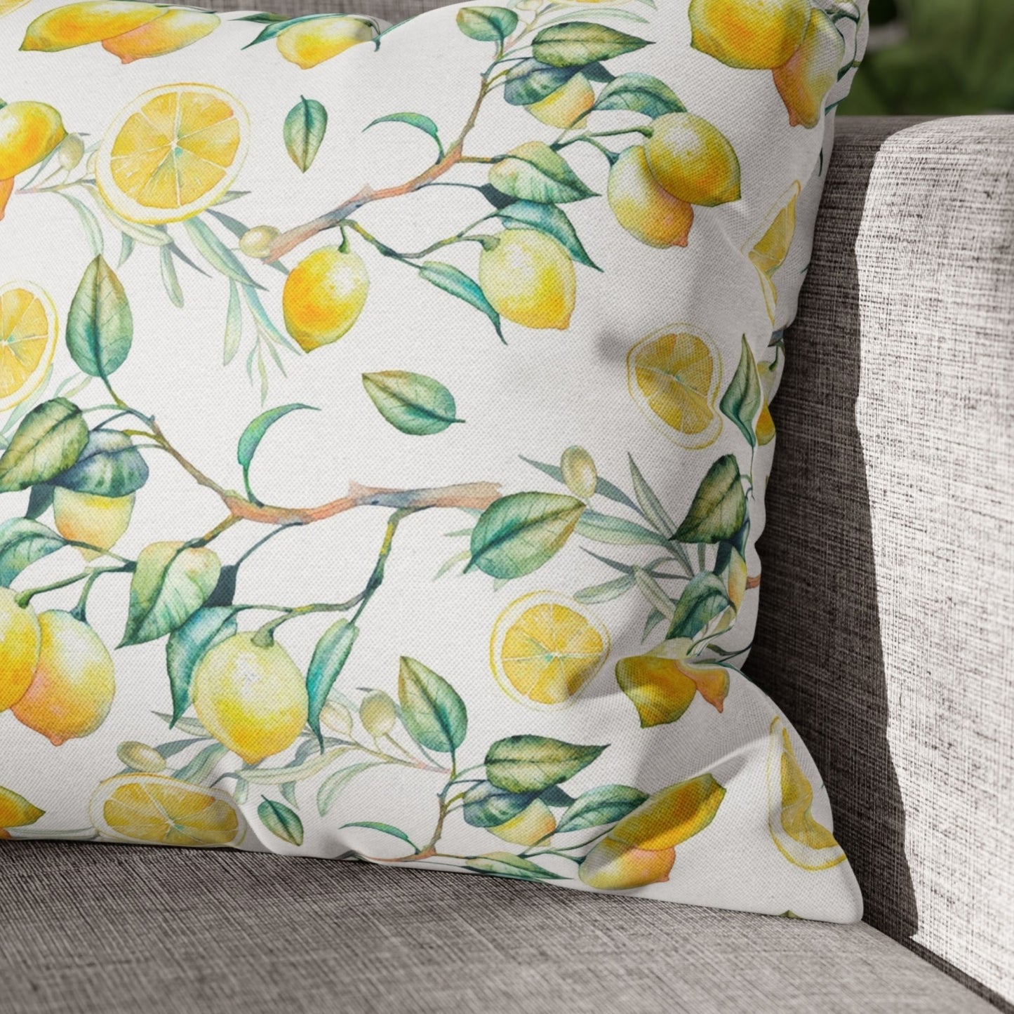 Watercolor lemon branch summer pillow – cozy couch decor, fresh yellow and green design.