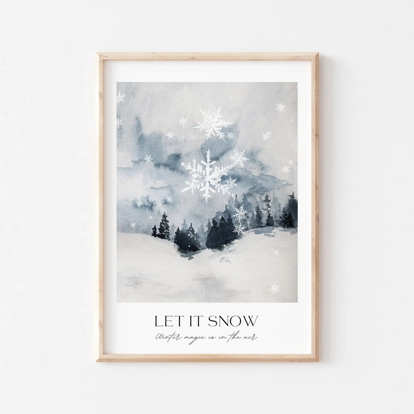 Winter Wonderland Prints Set of 5 featuring watercolor snow scene with trees and snowflakes, titled 'LET IT SNOW'.