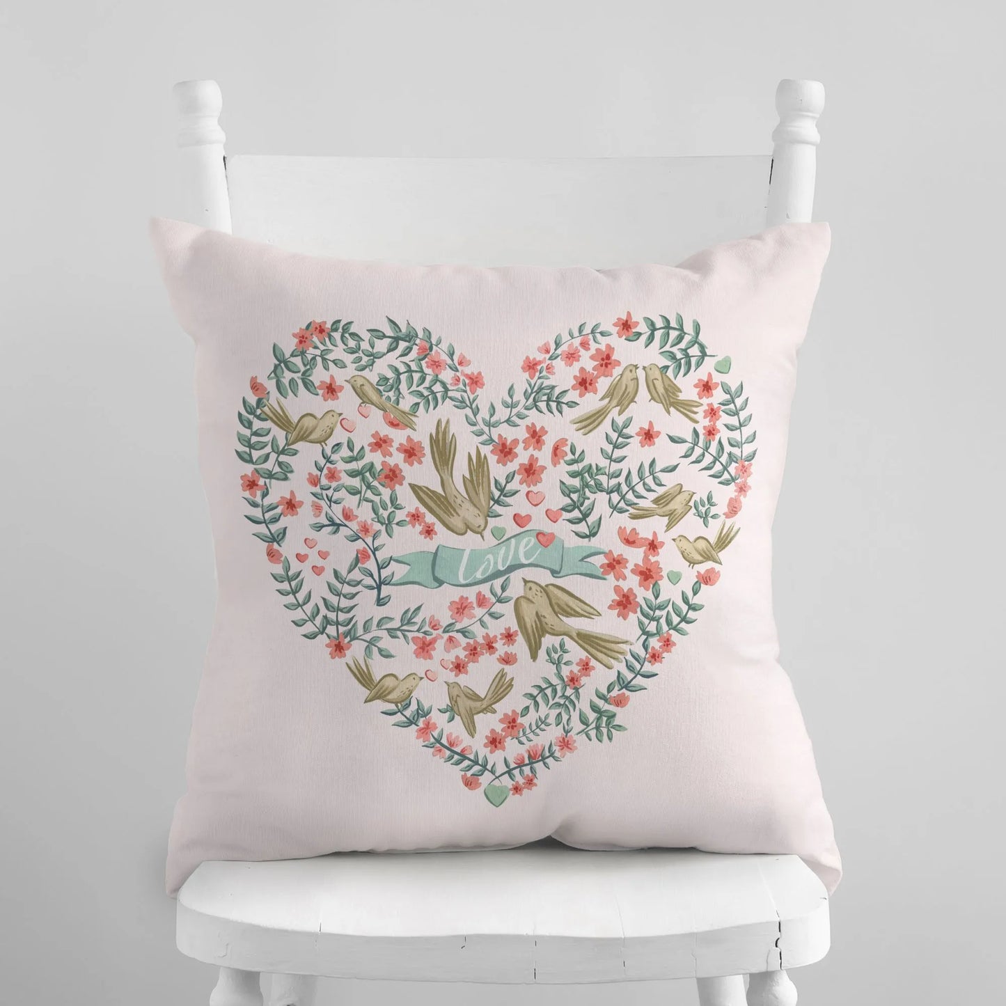  Love Birds Valentine pillow from Blue Water Songs featuring love birds in botanical style