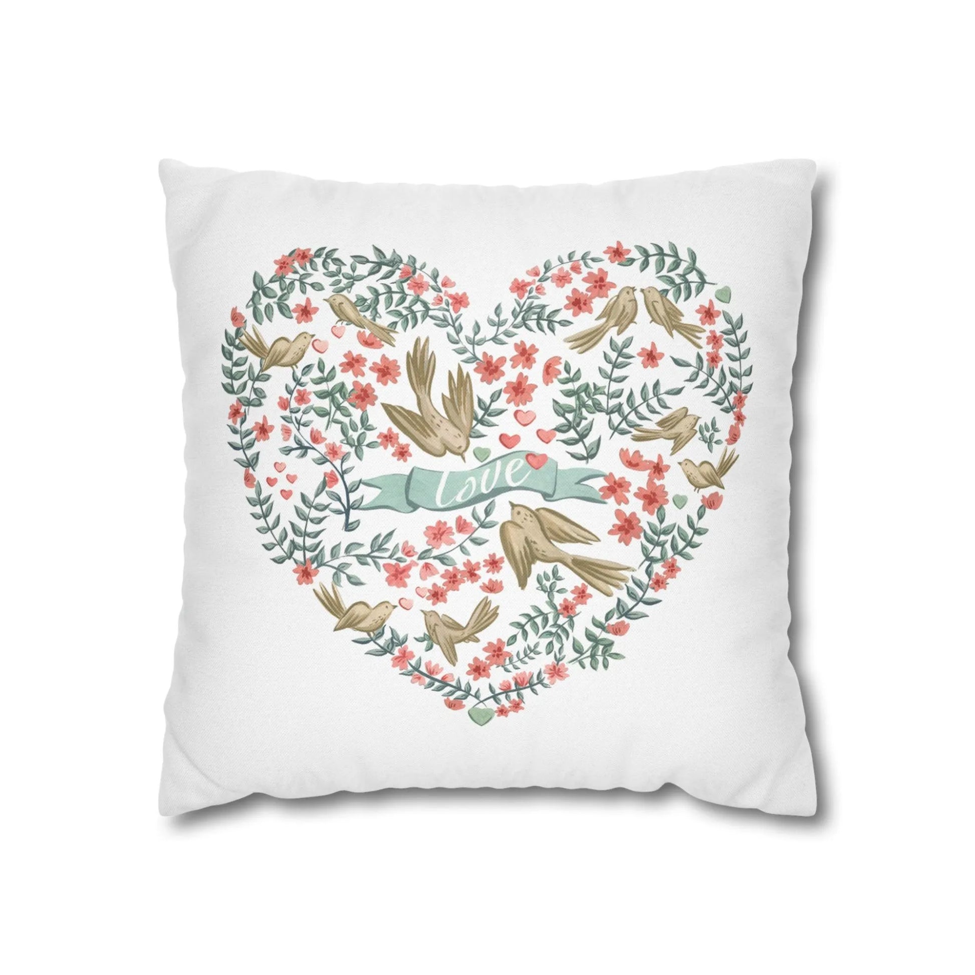  Love Birds Valentine pillow from Blue Water Songs featuring love birds in botanical style