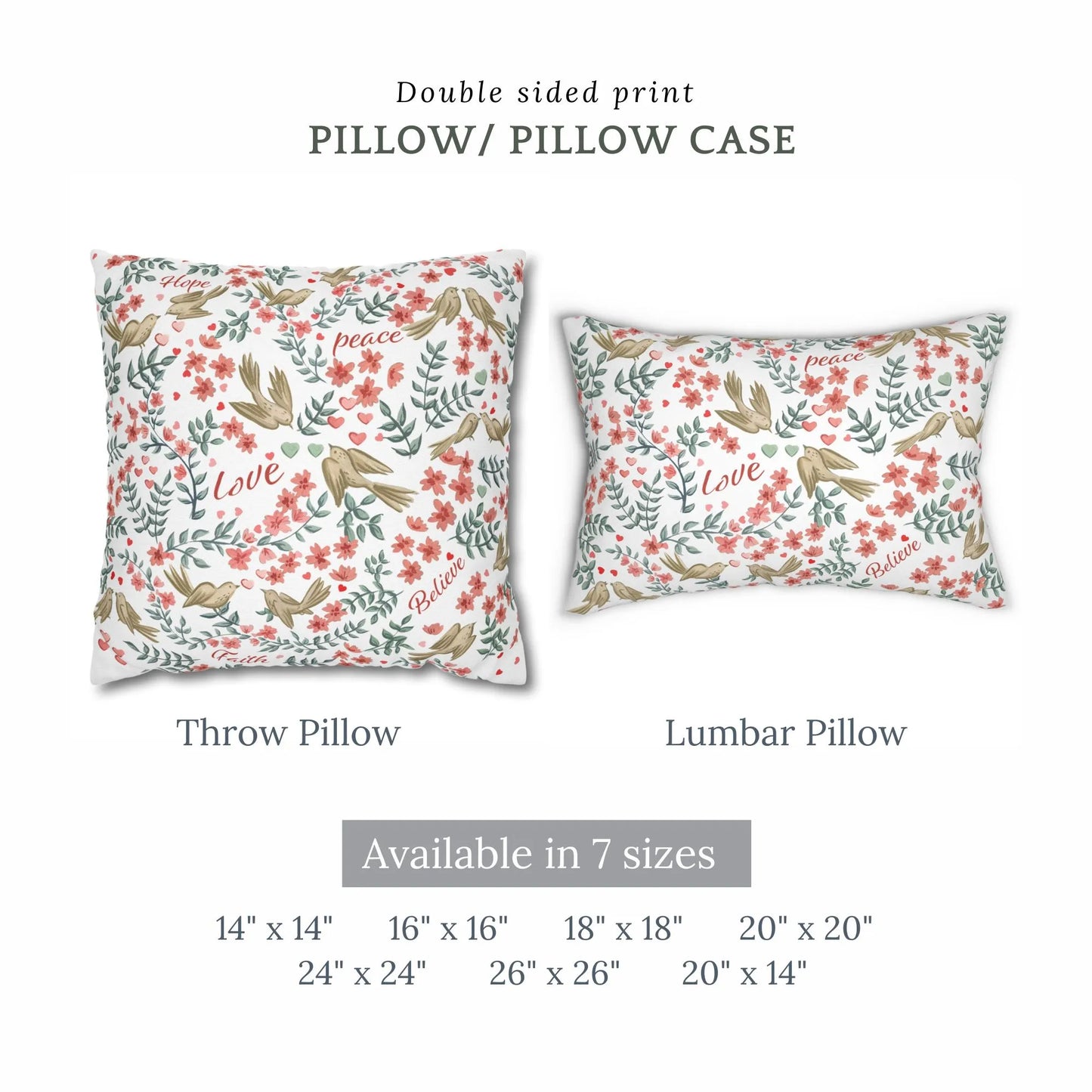 Love Birds Valentine pillow cover featuring double-sided print design with floral patterns, available in 7 sizes.