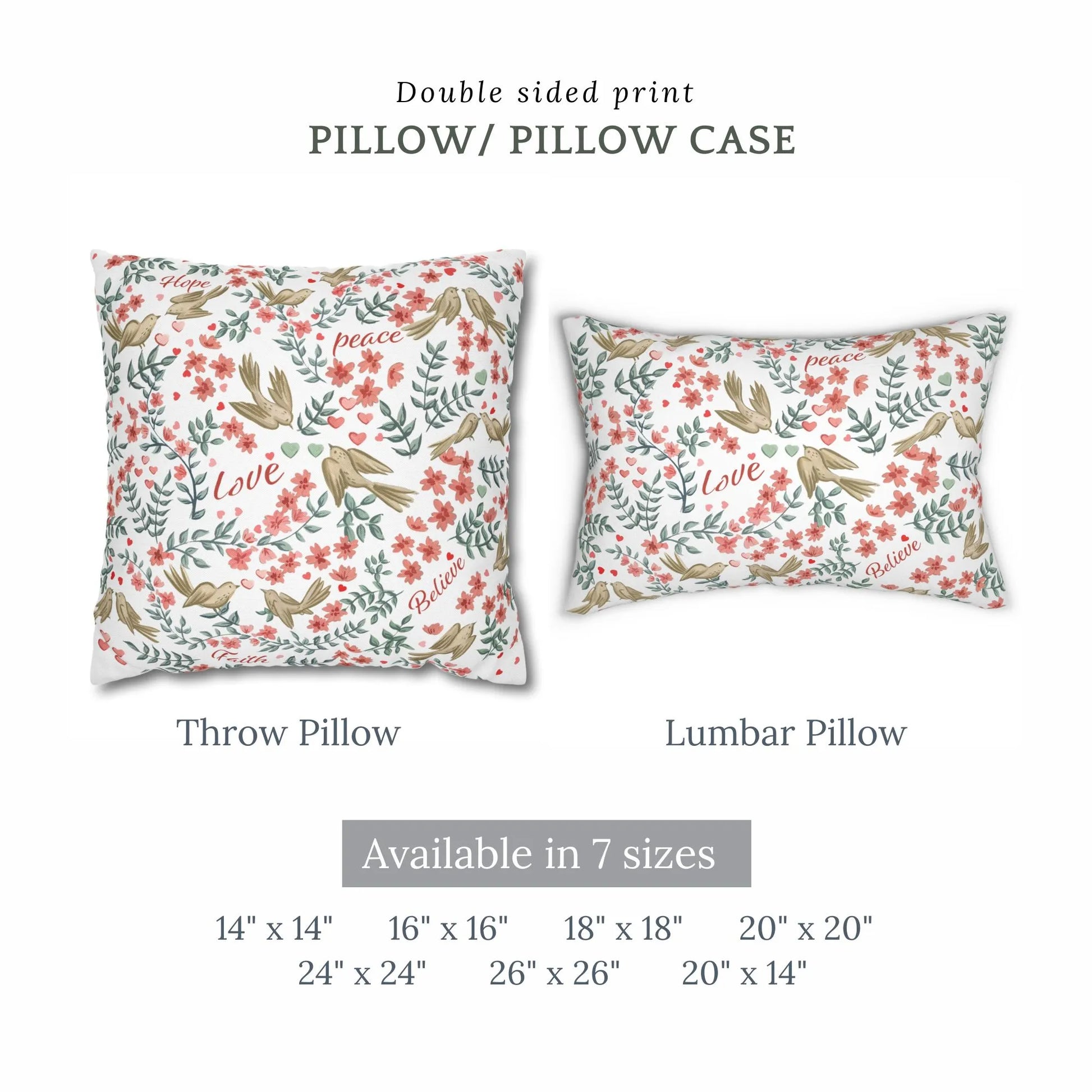Love Birds Valentine pillow cover featuring double-sided print design with floral patterns, available in 7 sizes.