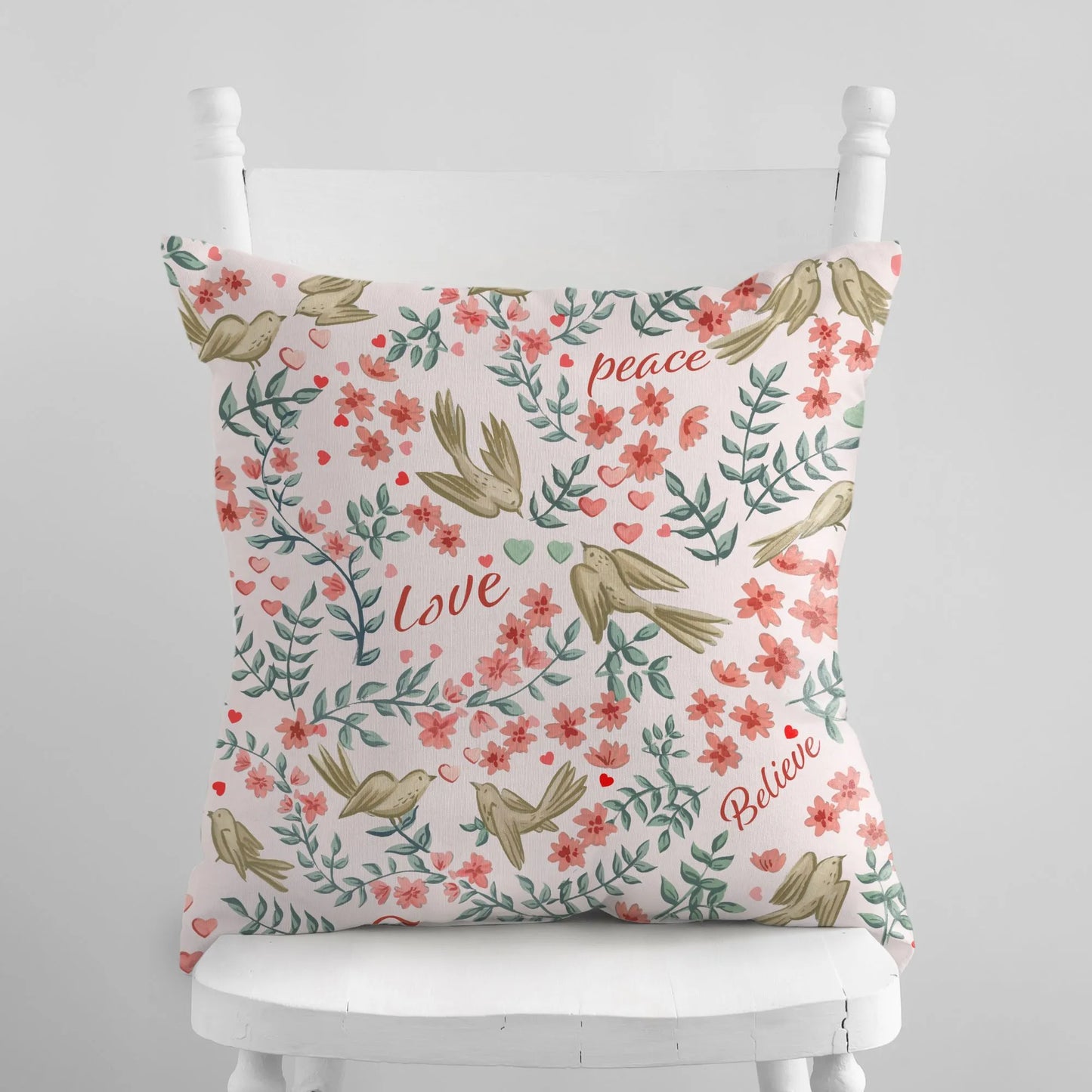Love Birds Valentine pillow cover with watercolor birds and floral designs, featuring words like peace and love.
