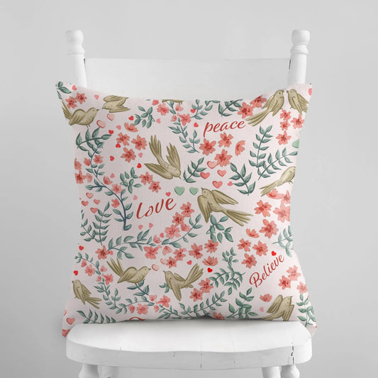 Love Birds Valentine pillow cover with watercolor birds and floral designs, featuring words like peace and love.