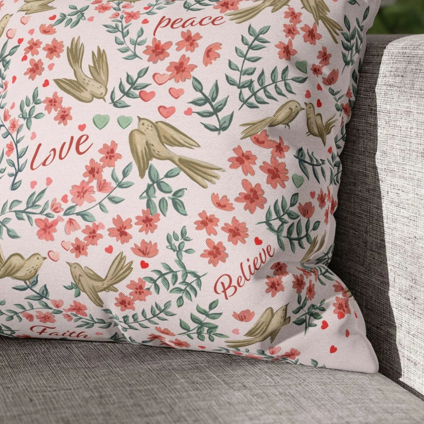 Detailed close-up of a "Hope Peace Love Believe" Love Birds Valentine Pillow Cover 