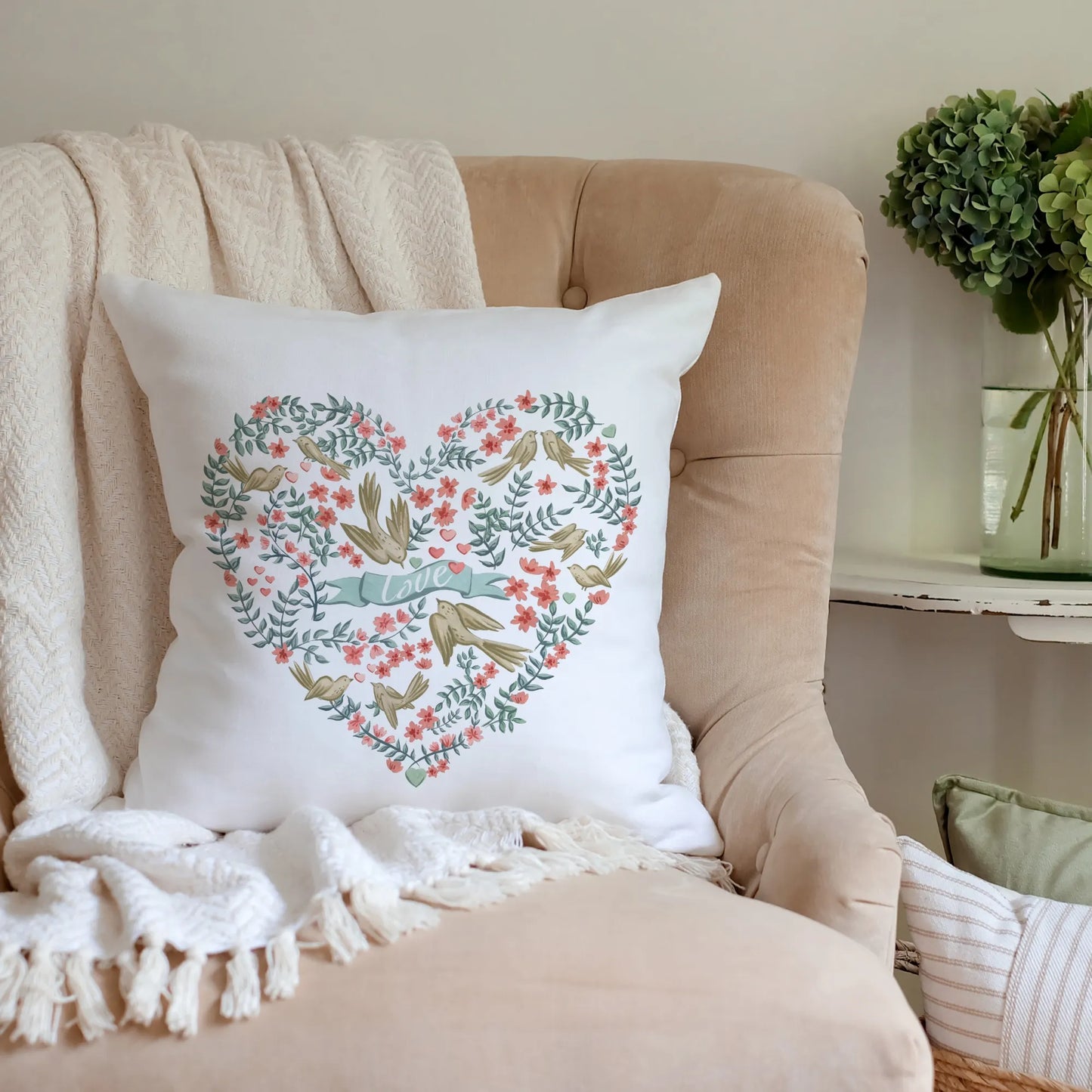  Love Birds Valentine pillow from Blue Water Songs on pink sofa