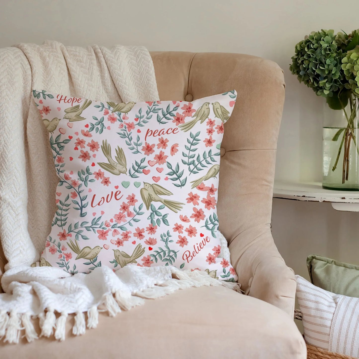 Love Birds Valentine pillow cover featuring watercolor birds and floral designs with words like love and peace.