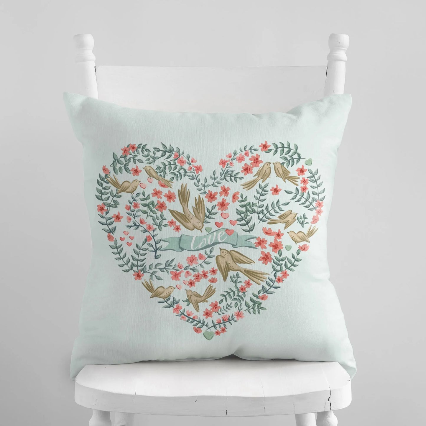 cute green Love Birds Valentine pillow featuring love birds in botanical style