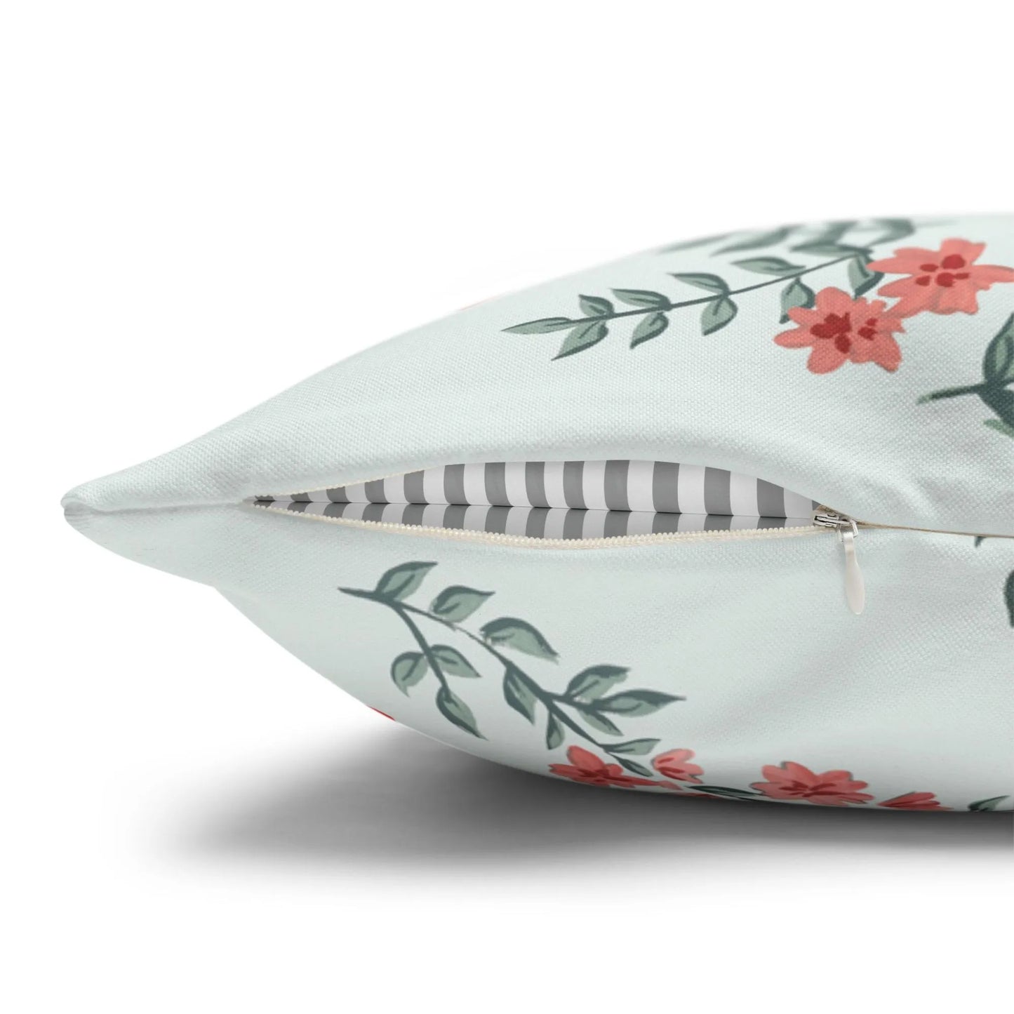 Close-up of a Love Birds Valentine Pillow Cover showing the zipper closure and striped fabric lining.