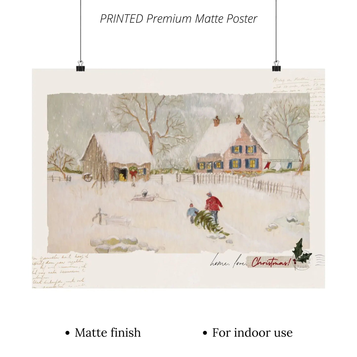 Love Home Christmas print featuring a serene winter scene with cozy homes and snow, perfect for holiday wall art.