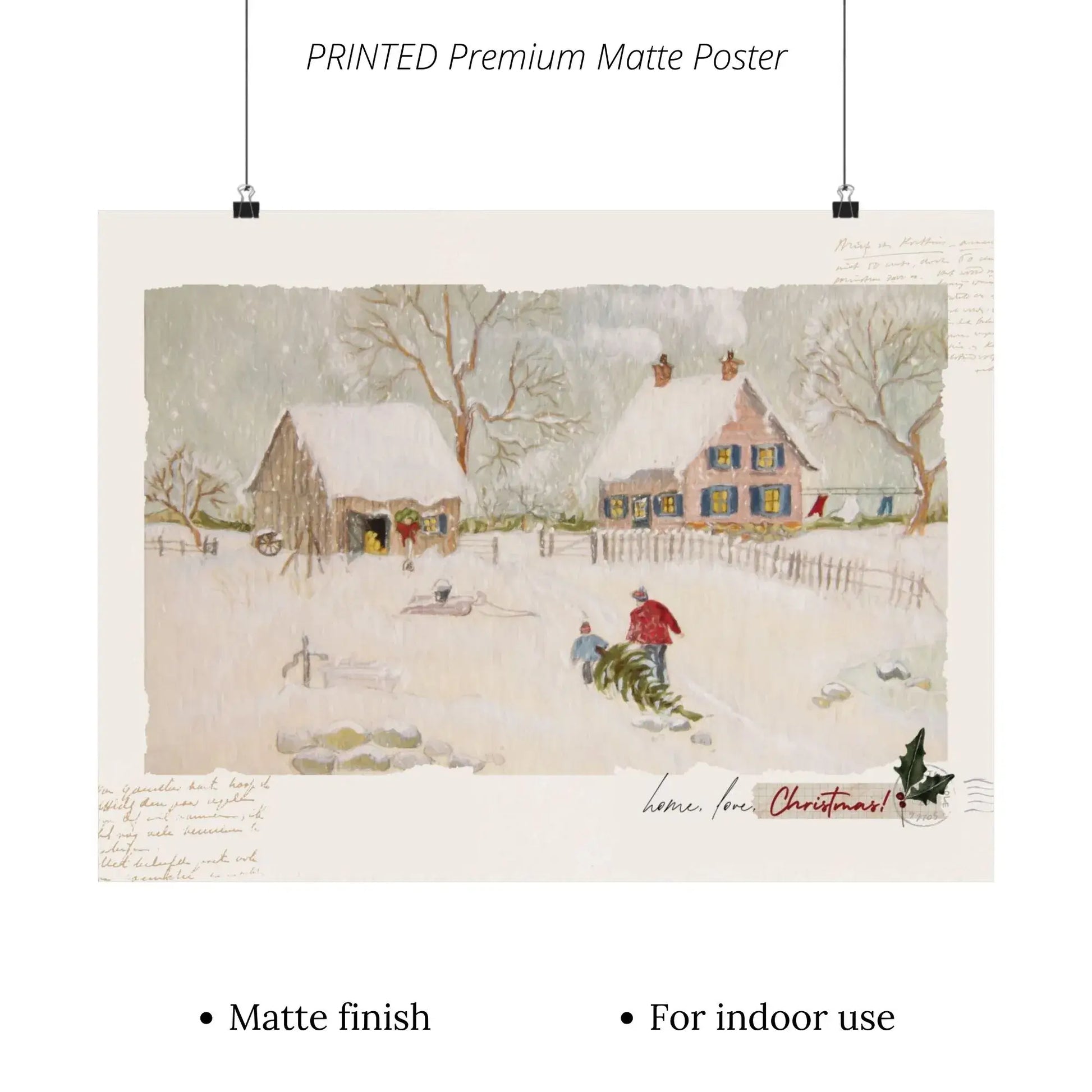 Love Home Christmas print featuring a serene winter scene with cozy homes and snow, perfect for holiday wall art.