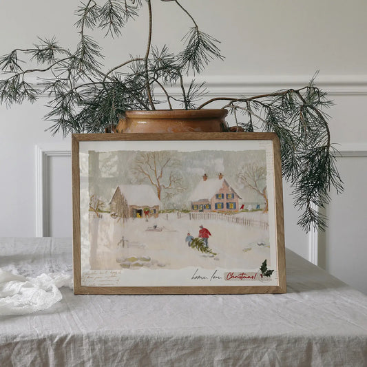 Love Home Christmas print featuring a serene winter scene with cozy holiday decor.