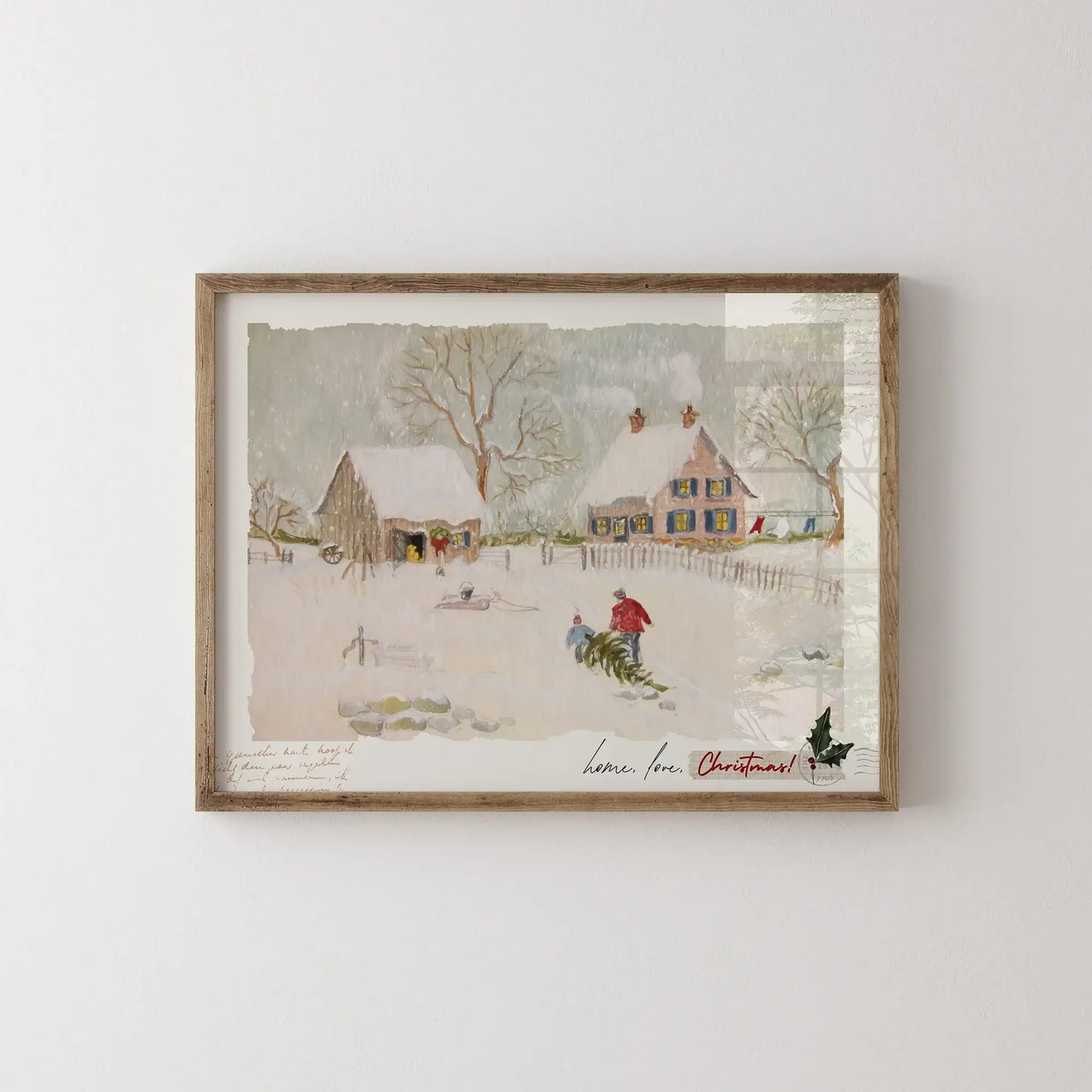 Home Love Christmas digital download print of a serene winter scene with snow-covered houses and a festive atmosphere.