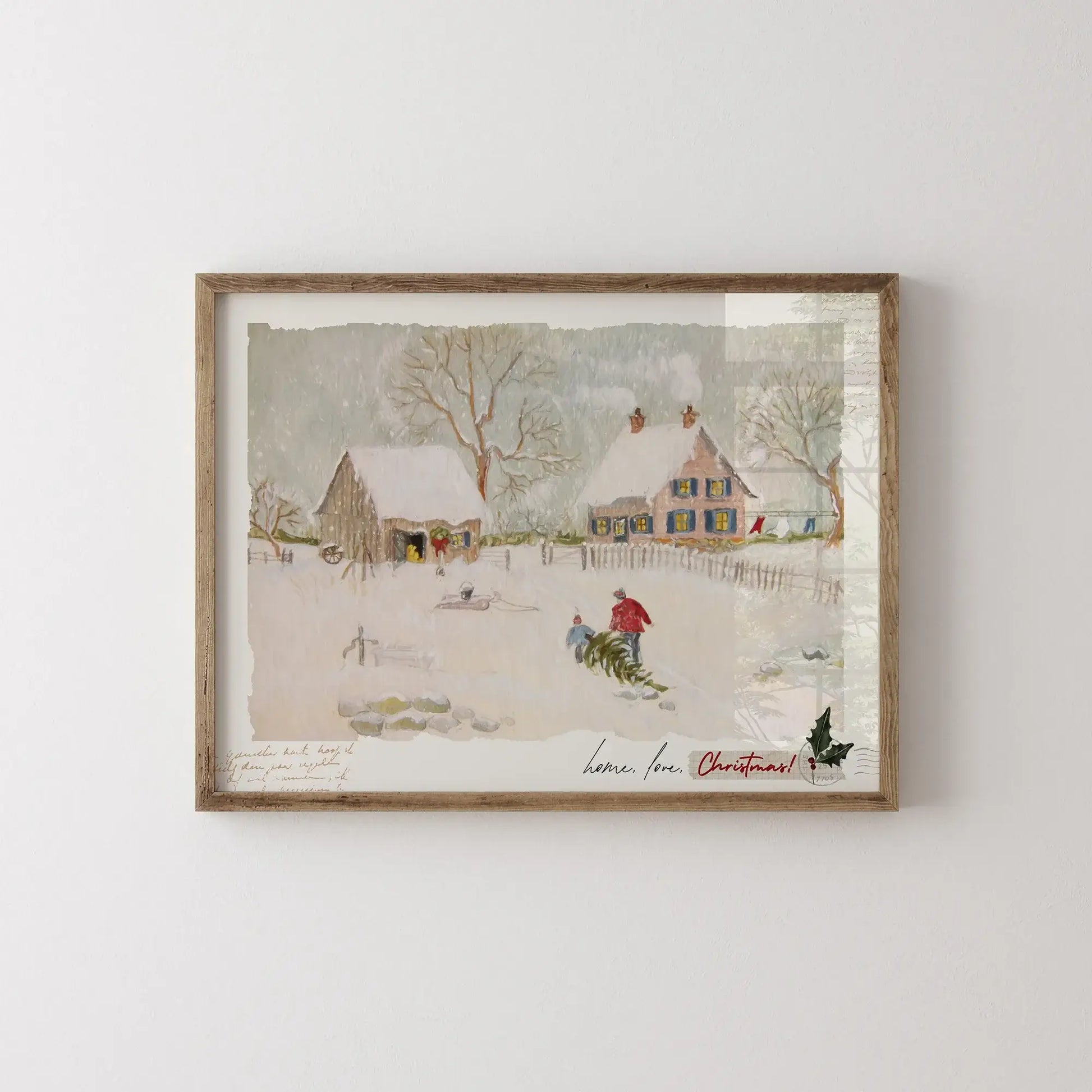 Home Love Christmas digital download print of a serene winter scene with snow-covered houses and a festive atmosphere.