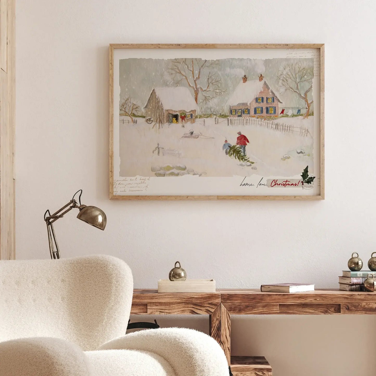 Cozy living room featuring 'Home Love Christmas digital download' winter scene print on wall, adding festive charm.