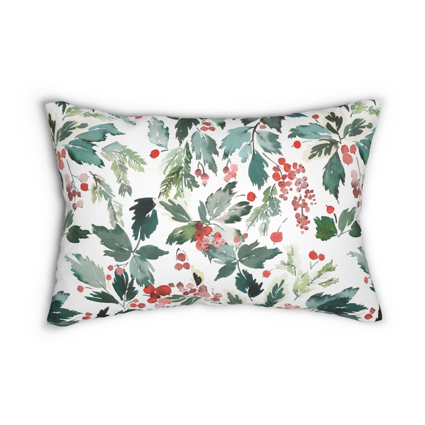 Lumbar Christmas pillow with watercolor holly and berries – festive red and green botanical holiday cushion