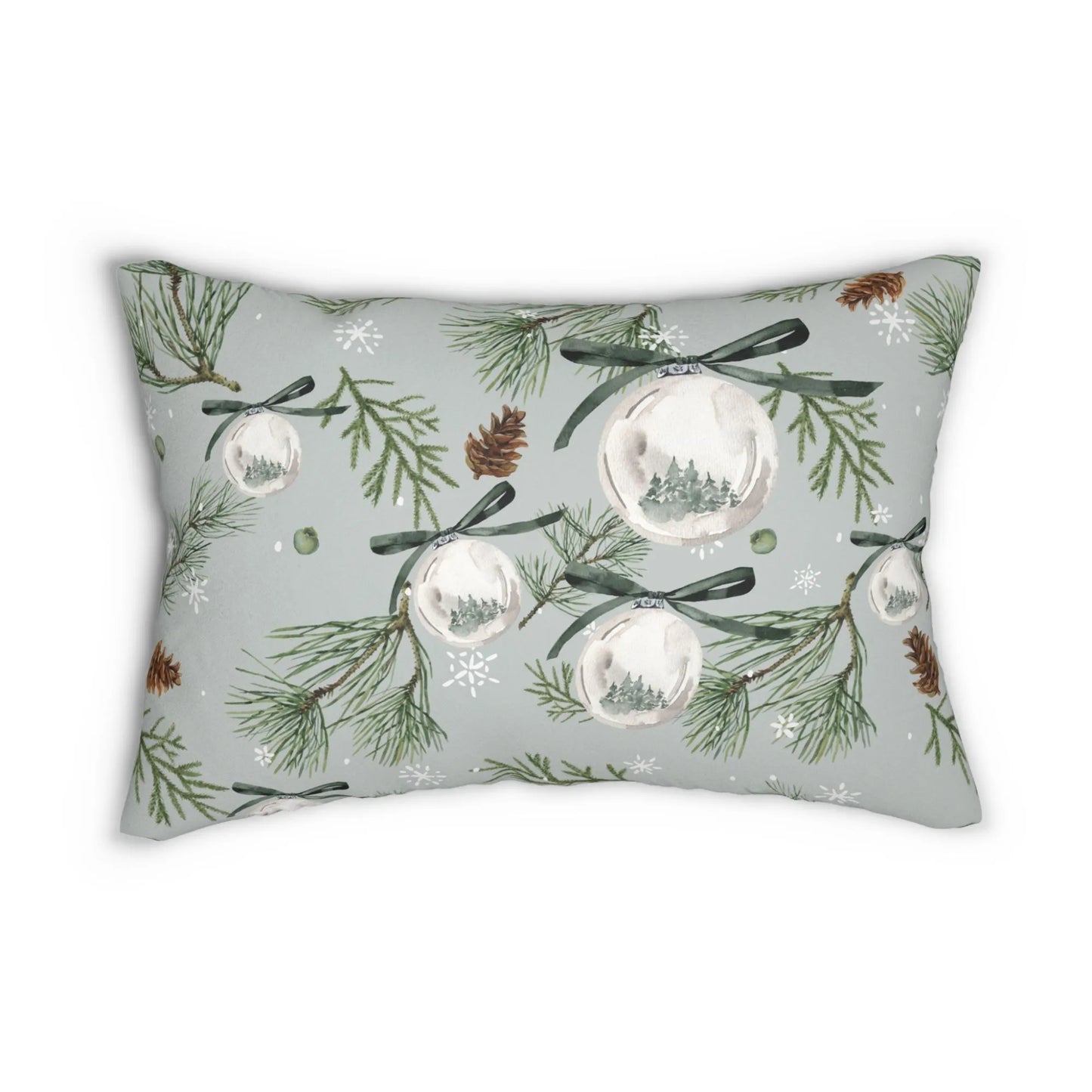 Lumbar Christmas pillow with watercolor pine branches and ornament print – botanical holiday decor accent