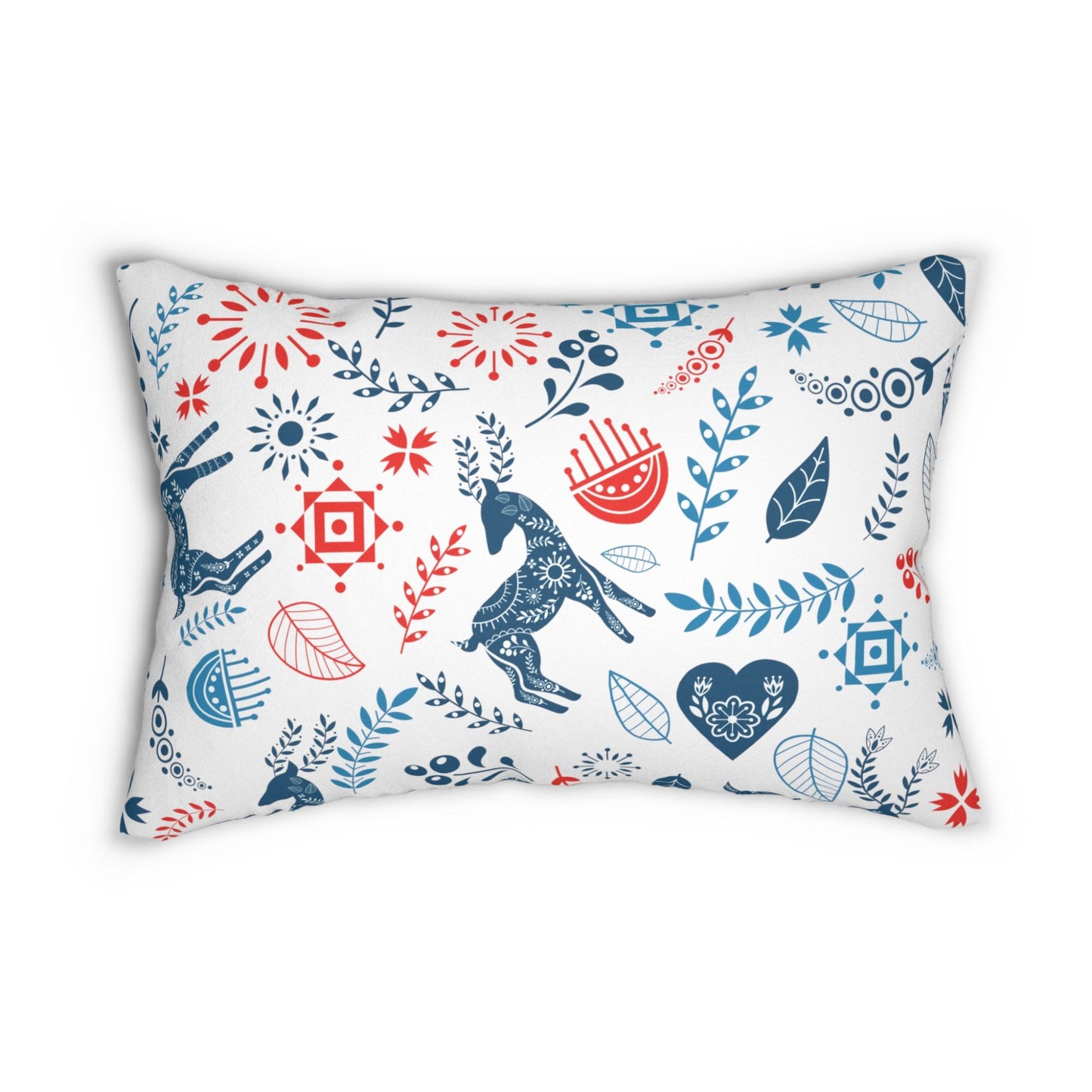 Reindeer Christmas Pillow cover featuring stylized reindeer and Nordic floral patterns in blue and festive red.
