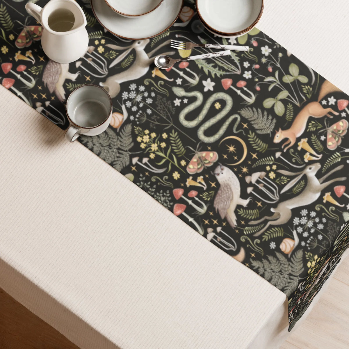 table with drinkwares and Magic forest TABLE RUNNER from Blue Water Songs on it