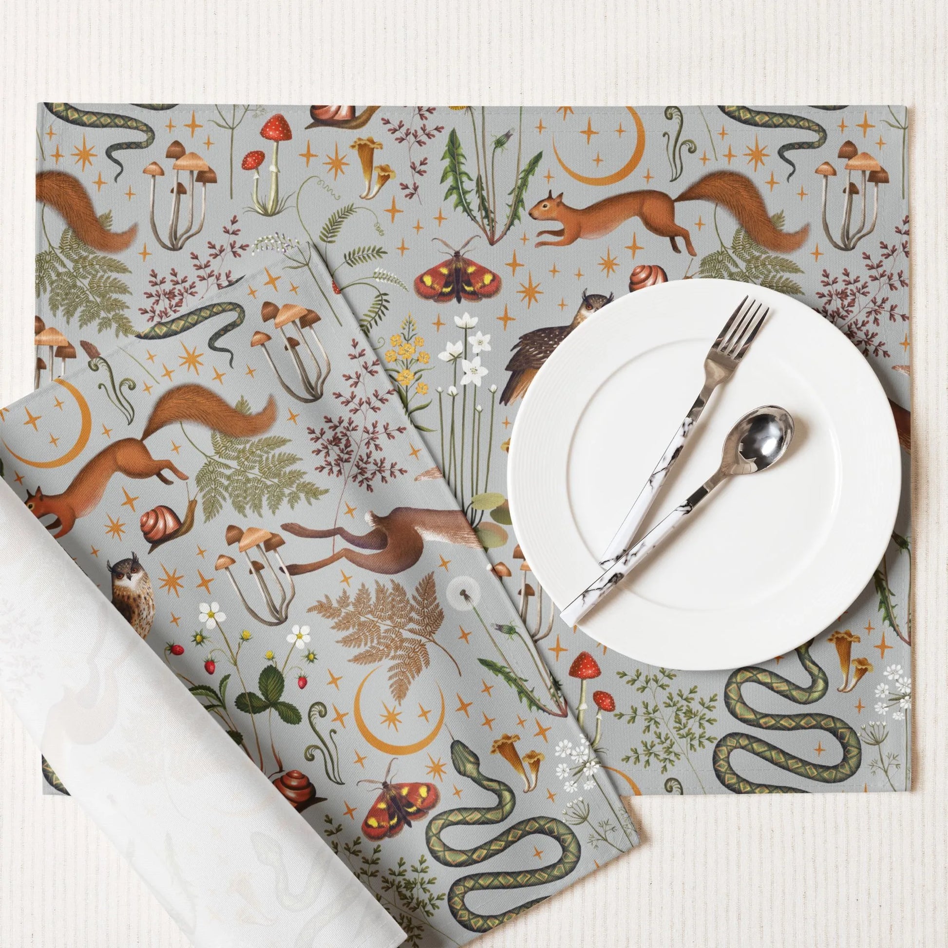 Magic Forest PLACEMATS from Blue Water Songs and dining plates, fork