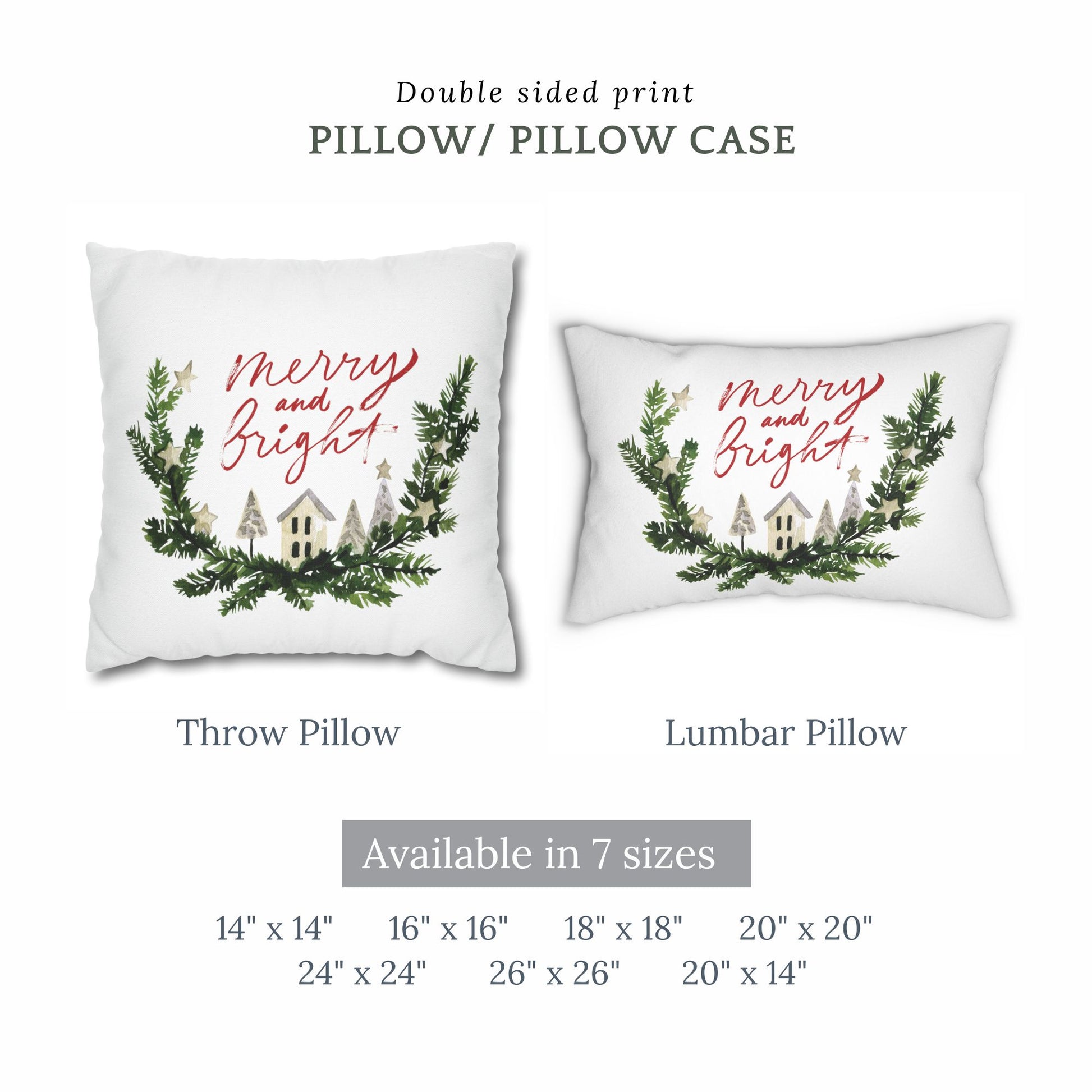 Merry and Bright watercolor Christmas pillows – square and lumbar styles available in 7 sizes
