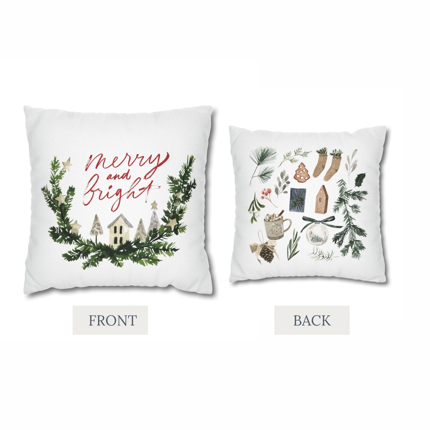 Double-sided Christmas pillow – Merry and Bright front with festive watercolor holiday icons on back