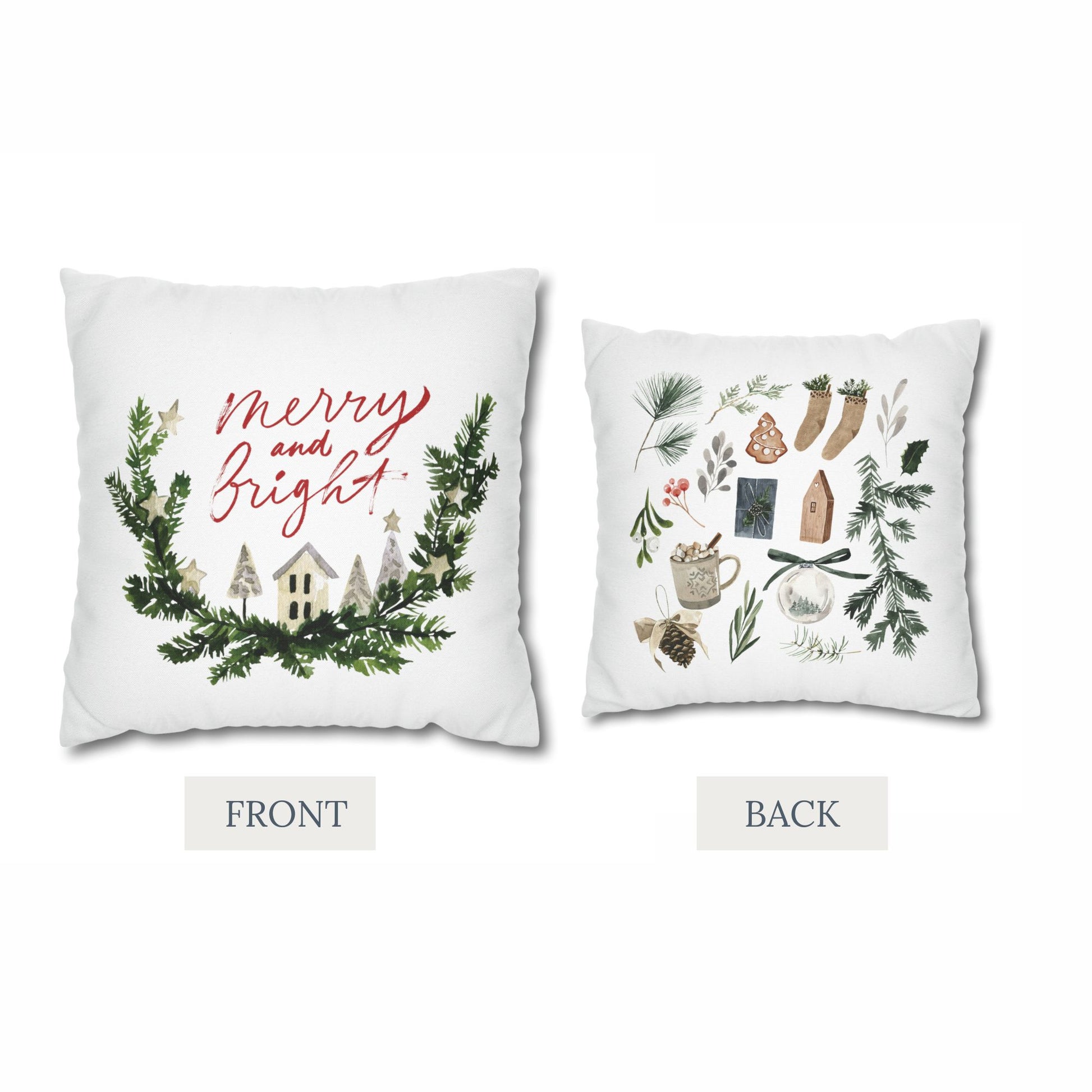 Double-sided Christmas pillow – Merry and Bright front with festive watercolor holiday icons on back
