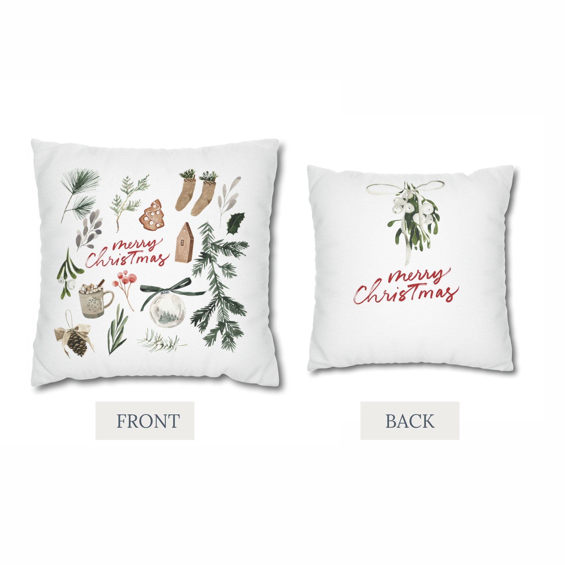 Double-sided Merry Christmas pillow – festive watercolor front with holiday icons and mistletoe back design