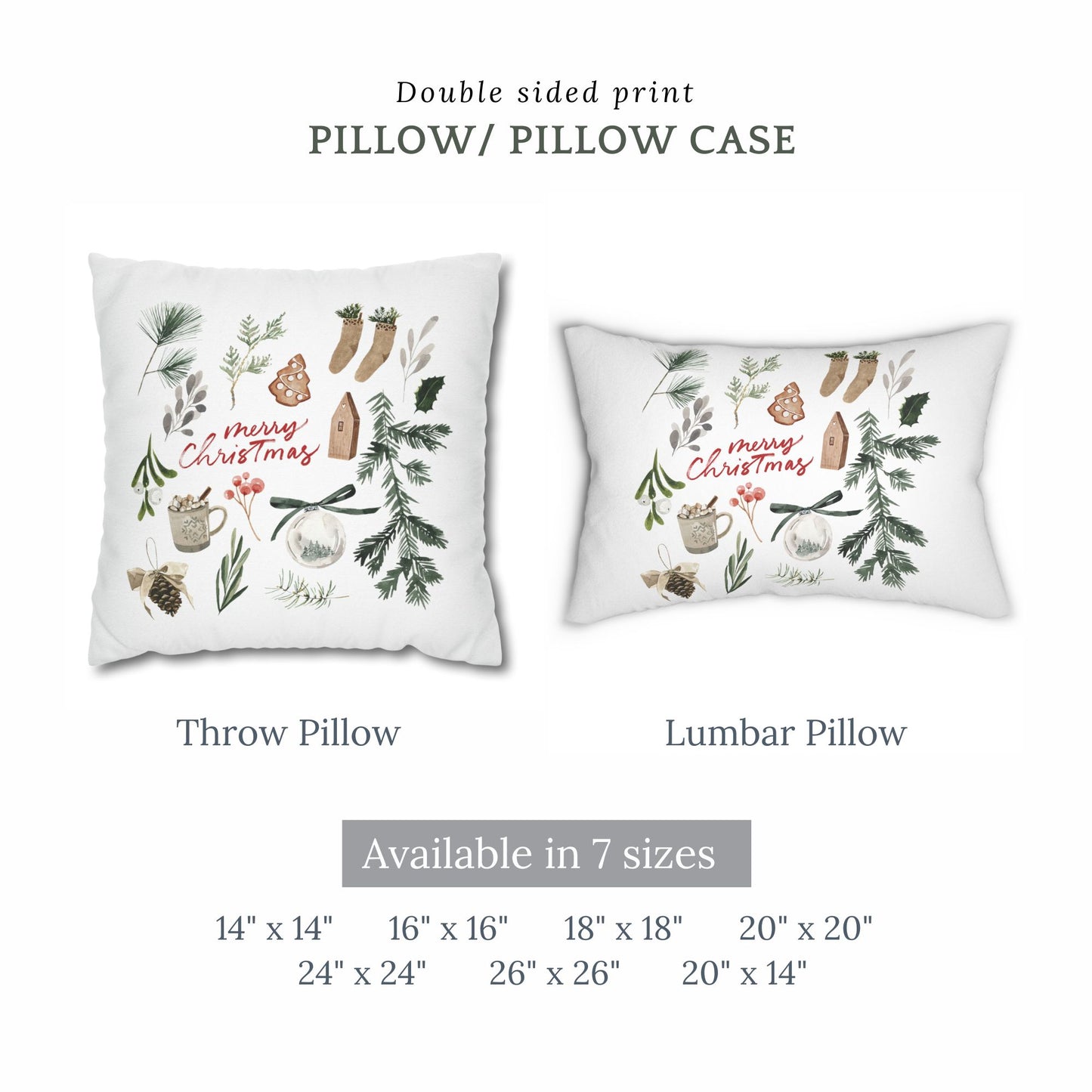 Merry Christmas watercolor pillow in throw and lumbar styles – double-sided print available in 7 sizes