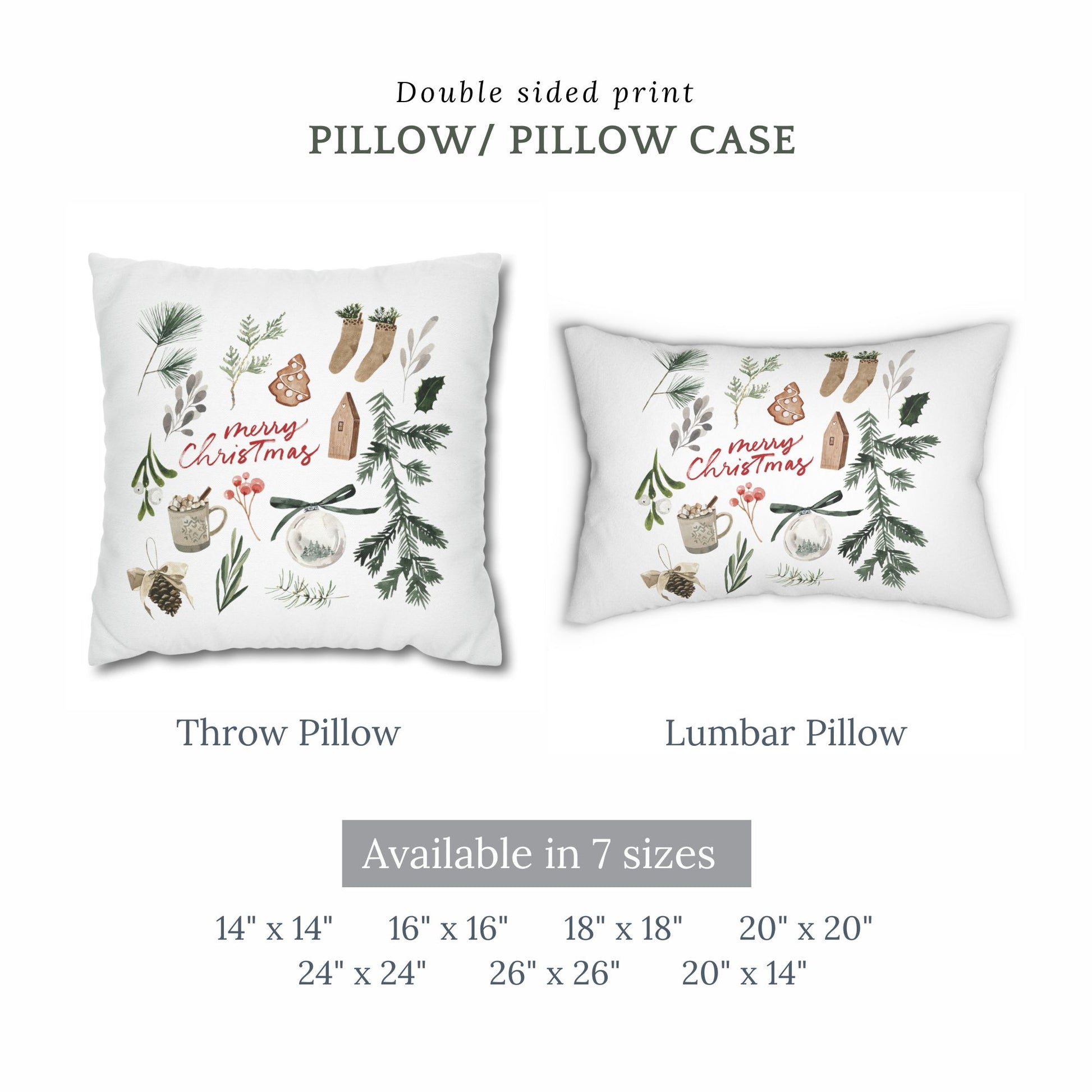 Merry Christmas watercolor pillow in throw and lumbar styles – double-sided print available in 7 sizes