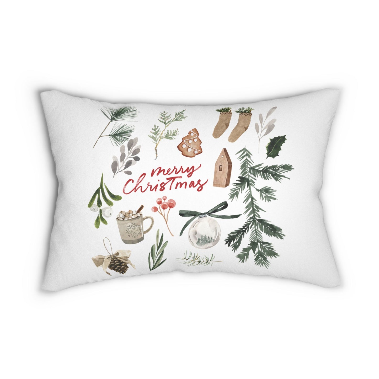Merry Christmas watercolor lumbar pillow with festive holiday illustrations on white background