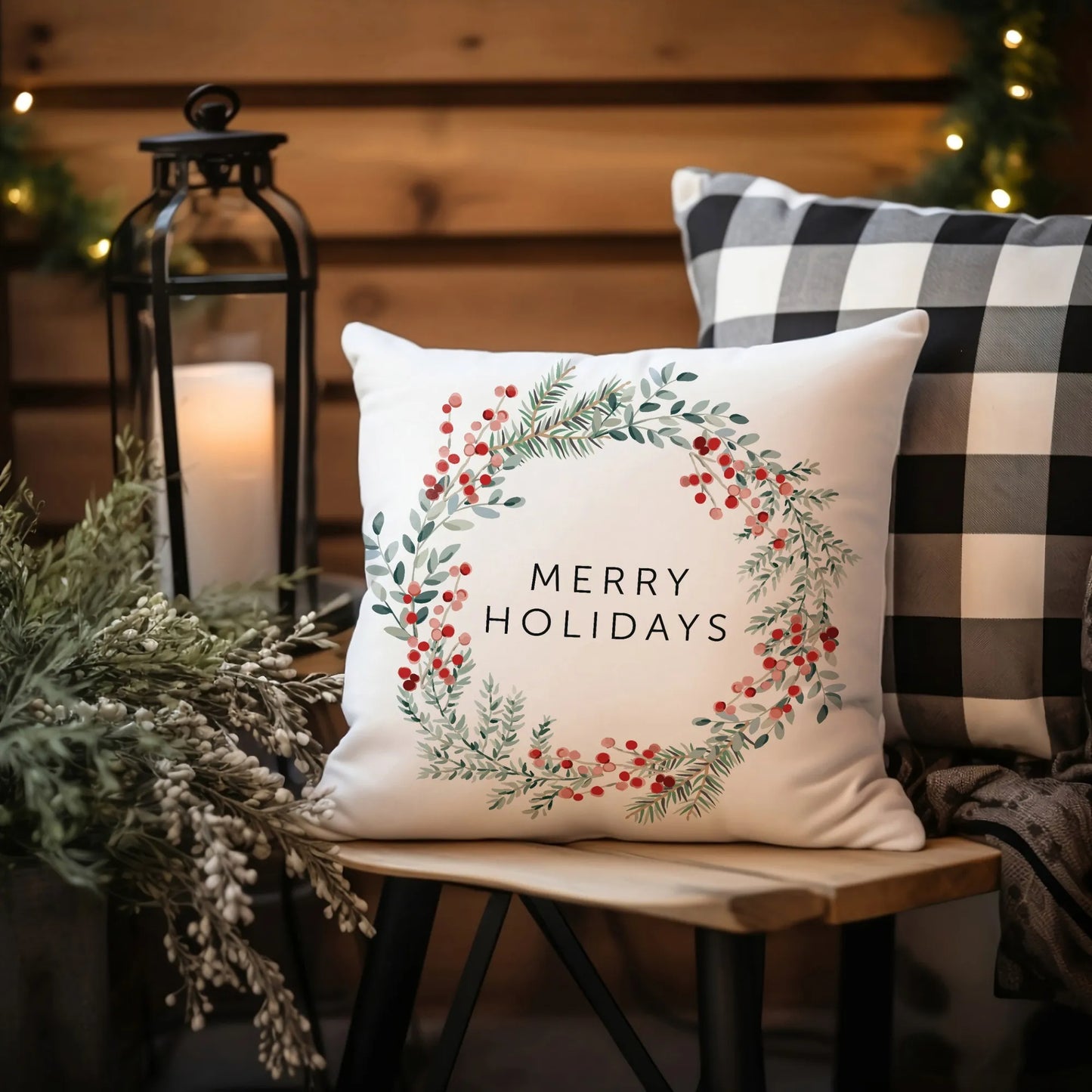 Cozy porch with Merry Holiday pillow and greenery – festive winter wreath cushion with red berries and candlelight